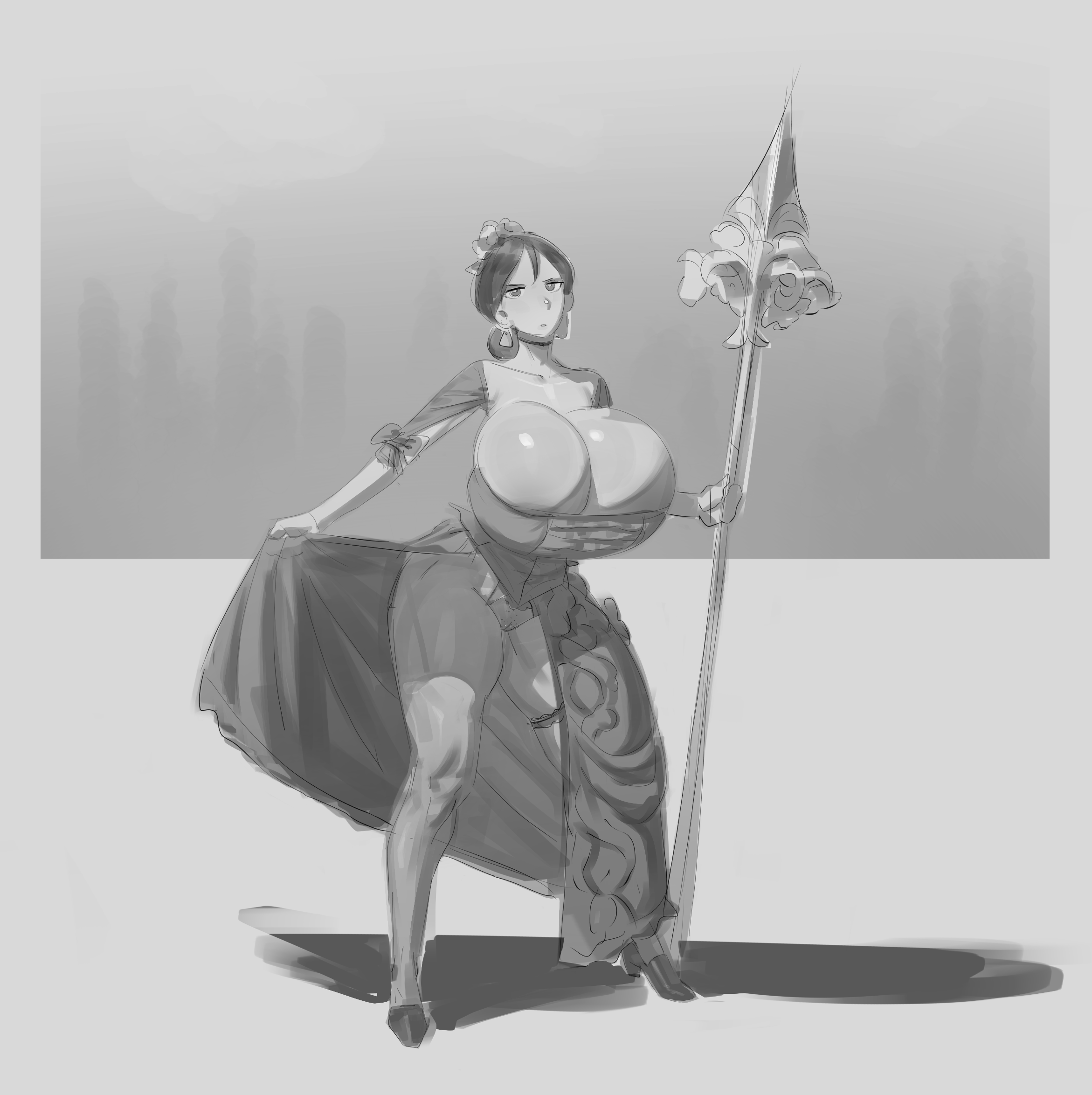 1girls, breasts, breasts bigger than head, dress, female, huge breasts, non navi, spear, tagme, weapon