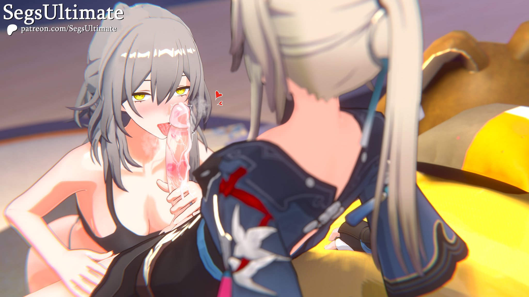 1boy, 1girls, bedroom, blender, cum, female, gray hair, honkai (series), honkai: star rail, hoyoverse, kiss mark on penis, licking penis, lipstick, male, mihoyo, partially clothed, penis, segsultimate, stelle (honkai: star rail), tongue, watermark, yanqing (honkai: star rail), yellow eyes