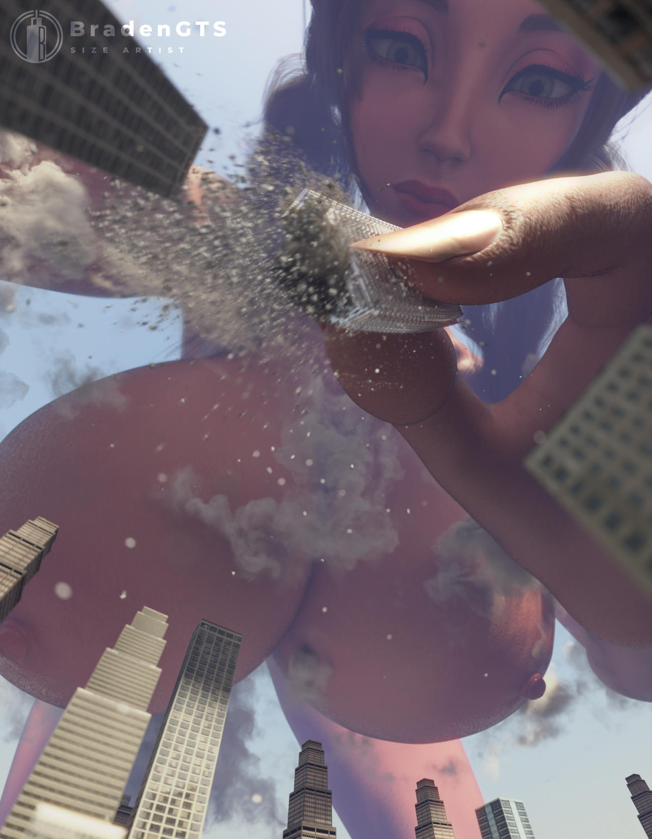 bradengts city city_destruction deviantart fingers fox_ears fox_girl giantess gigantic_breasts looking_down macro_female macro_focus micro_perspective oc