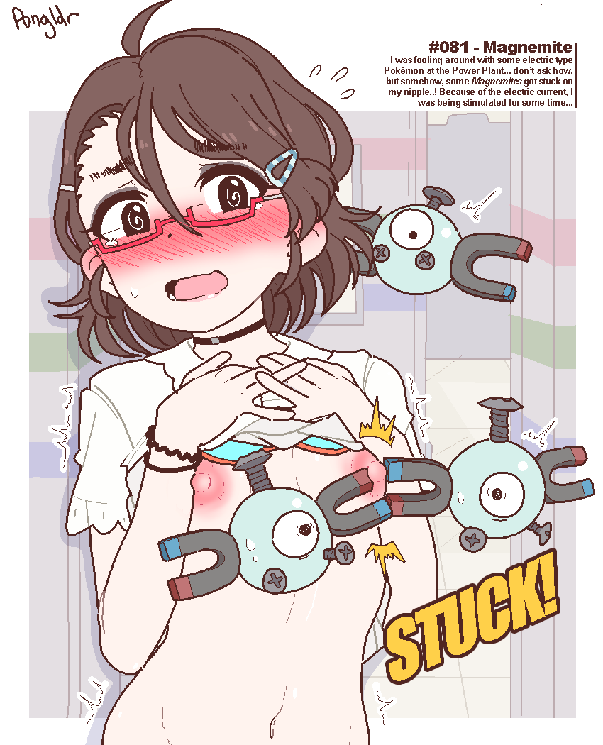 accessory ambiguous_gender blush breasts brown_hair chan_ponchii choker clamp clothed clothing clothing_lift digital_media_(artwork) english_text exposed_breasts eyewear female generation_1_pokemon glasses group hair hair_accessory hairclip human interspecies jewelry magnemite mammal necklace nintendo nipple_fetish nipple_pinch nipple_play nipples open_mouth pinch pokemon pokemon_(species) pokephilia pongldr red_eyewear red_glasses shirt shirt_lift simple_background text topwear