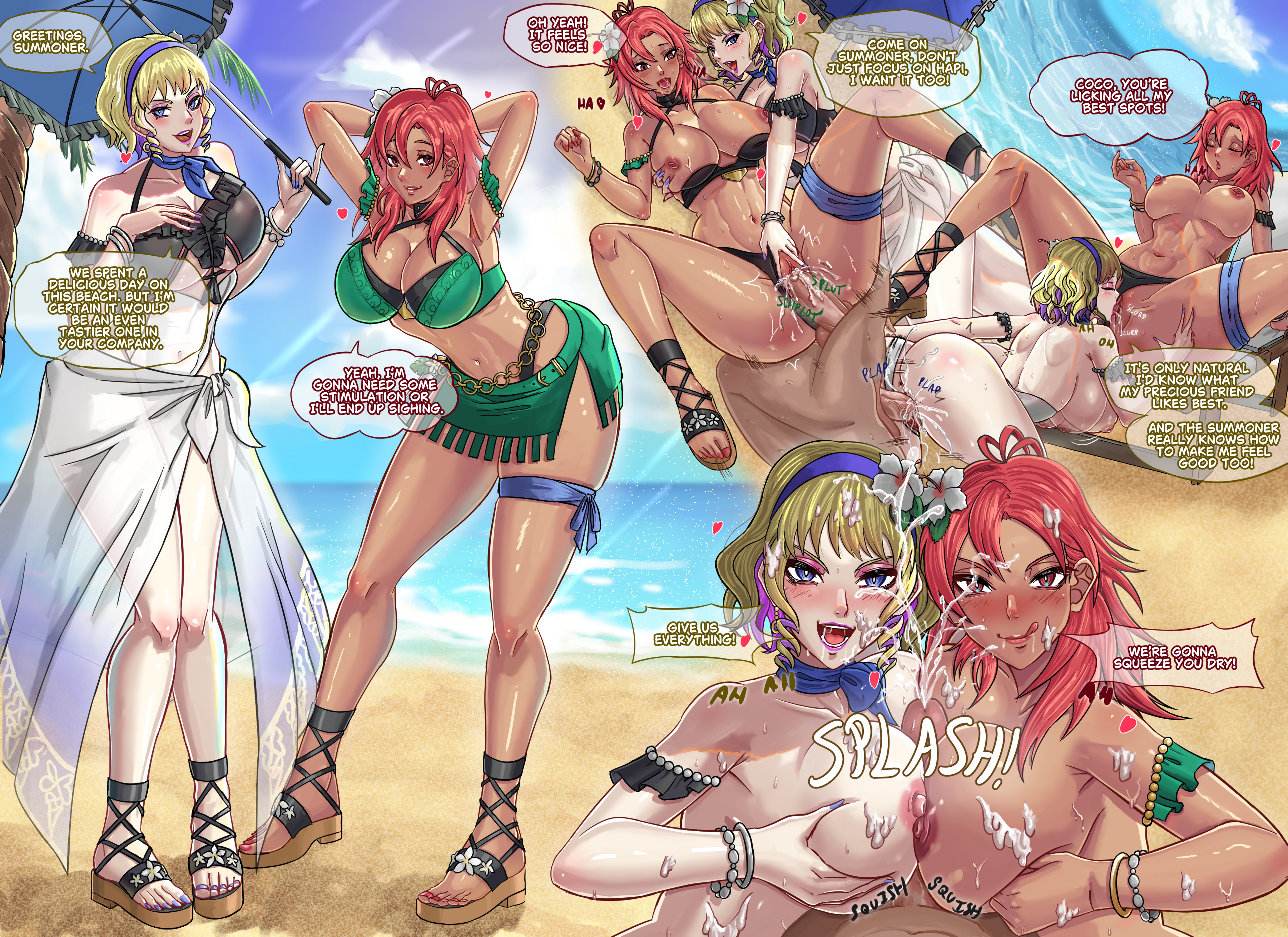 1boy, 2025, 2girls, 4koma, absurdres, alboeire, alternate costume, anus, arms up, assisted sex, barefoot, barefoot sandals, beach, bikini, bikini aside, bisexual, bisexual female, blonde hair, blue eyes, blue hair, blush, bouncing breasts, bracelet, breasts, cleavage, colored inner hair, constance von nuvelle, cum, cum in pussy, cum inside, cum on breasts, cum on face, cumshot, cunnilingus, dark skin, dark-skinned female, dark-skinned male, ear piercing, earrings, english text, female, female focus, ffm threesome, fire emblem, fire emblem heroes, fire emblem: three houses, flower, flower in hair, friends with benefits, hair flower, hair ornament, hairband, hapi (fire emblem), heart, highres, kiran (fire emblem), large breasts, licking lips, licking pussy, light skin, light-skinned female, looking at viewer, lounge chair, male, male pov, motion blur, motion lines, multicolored hair, nail polish, navel, nintendo, nipples, official alternate costume, open mouth, painted nails, painted toenails, paizuri, palm tree, parasol, penis, pussy, pussy juice, red eyes, red hair, sand, sea, short hair, speech bubble, spread legs, text, threesome, tongue, tongue out, two-tone hair
