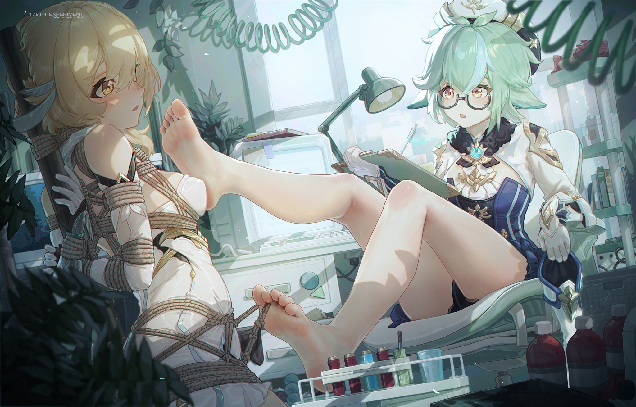 2girls, barefoot, blonde hair, bondage, dressed, feet, female, foot fetish, genshin impact, green hair, hair, icecake, lumine (genshin impact), sucrose (genshin impact), toes