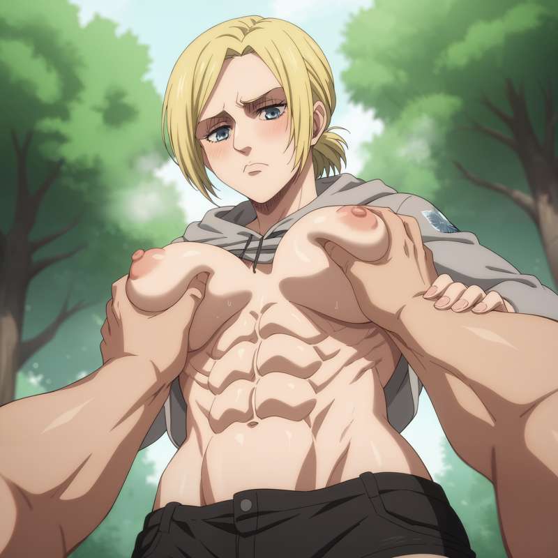 1boy, 1girls, abs, ai generated, annie leonhardt, athletic, athletic female, attack on titan, blonde hair, breast grab, breasts, faceless male, female, female abs, fit, fit female, floating hands, groping, male, muscular, muscular female, nipples, no bra, short hair