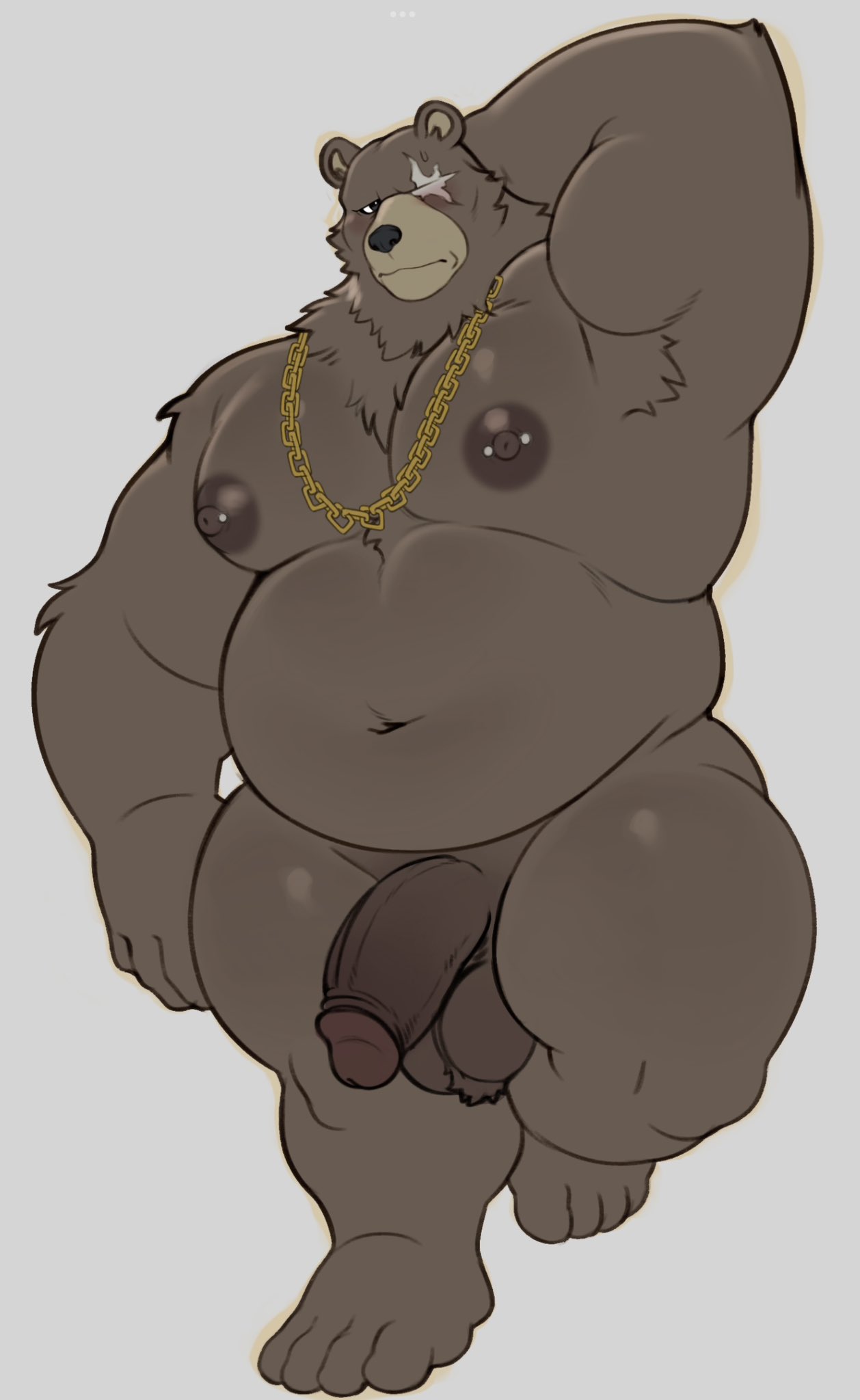 2024 4_toes alternate_version_at_source anthro areola armpit_hair ball_tuft balls bear belly ben_(zenless_zone_zero) ben_bigger blush body_hair brown_areola brown_body brown_nipples chain_necklace eye_scar facial_scar feet genitals hand_behind_head hi_res hunnipanda jewelry male male_only mammal mihoyo moobs musclegut muscular necklace nipple_piercing nipples nude overweight overweight_anthro overweight_male pecs penis piercing raised_arm scar simple_background solo toes tuft ursine white_background zenless_zone_zero