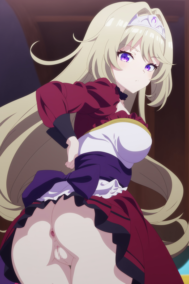 ai_generated ass ass_focus back_view big_ass blonde_hair censored doggy_style_position female_focus hikikomari_kyuuketsuki_no_monmon huge_ass karen_helvetius large_ass loliconking long_hair looking_at_viewer looking_back mosaic_censoring nude_female purple_eyes pussy showing_ass showing_pussy without_panties