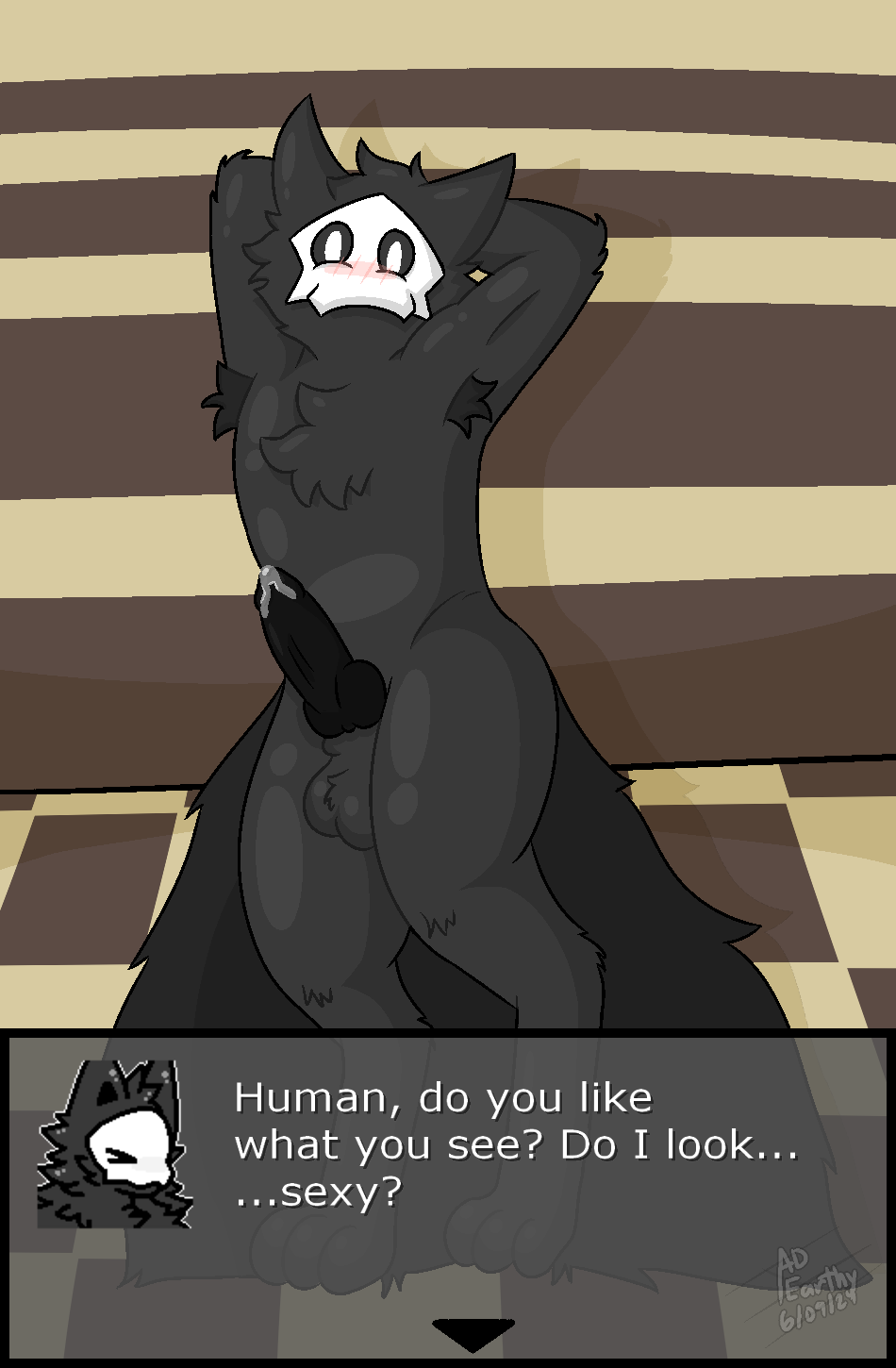 anthro armpit_hair big_tail blush blush_lines bodily_fluids body_hair canid canine canis changed_(video_game) dialogue dripping earthwormgd erection fur genital_fluids glistening glistening_body goo_creature hands_behind_head hi_res knot latex leaking_precum looking_at_viewer male mammal pattern_background precum precum_drip presenting puro_(changed) simple_background solo sprite_art tail text wolf