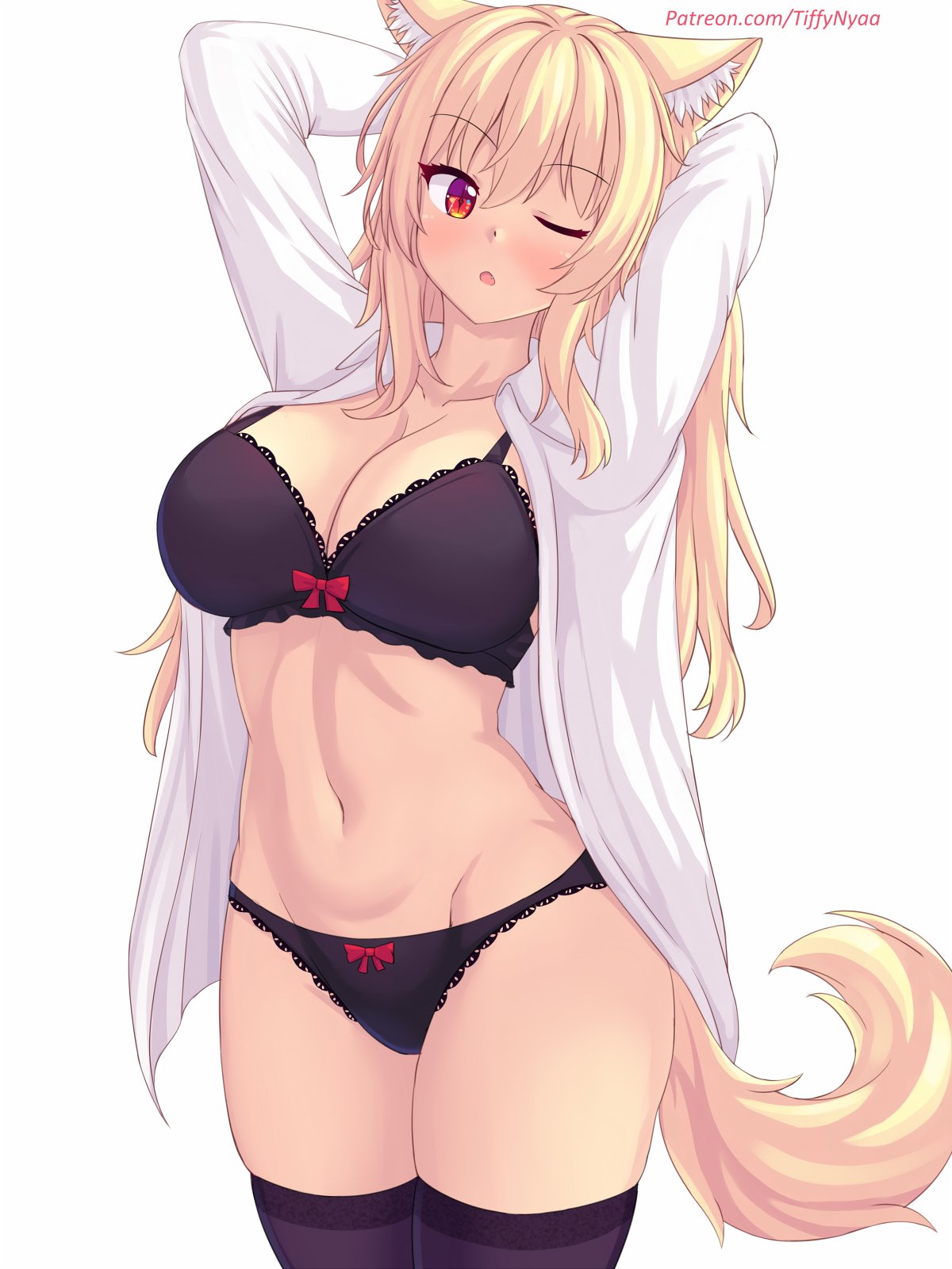 black bra, black panties, blonde hair, bra, breasts, cat ears, cat girl, catgirl, female, open shirt, panties, tagme, tail, tiffy, tiffynyaa