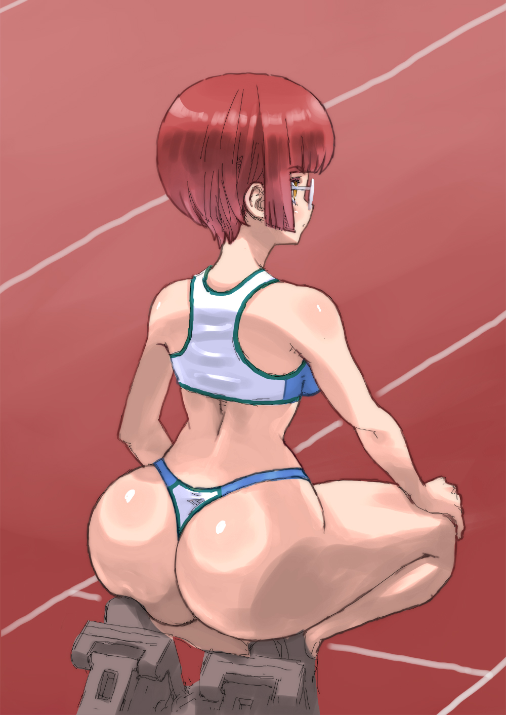 1girls ass back big_ass breasts brown_eyes female female_only full_body glasses hand_on_knee highres medium_breasts micro_shorts original original_character outdoors petitdry red_hair running_track shoes short_hair short_shorts shorts solo sports_bra sportswear squatting starting_block thick_thighs thighs tight_clothing track_and_field