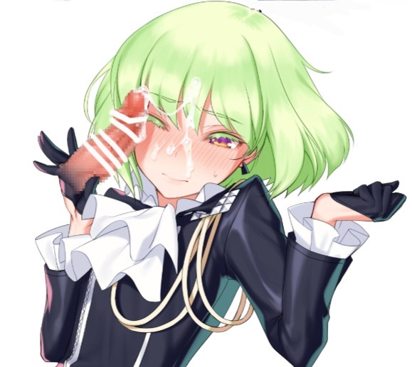 androgynous, blush, bob cut, burrrntlemon, clothed, clothing, cum on face, femboy, fully clothed, lio fotia, male, promare, short hair, twink