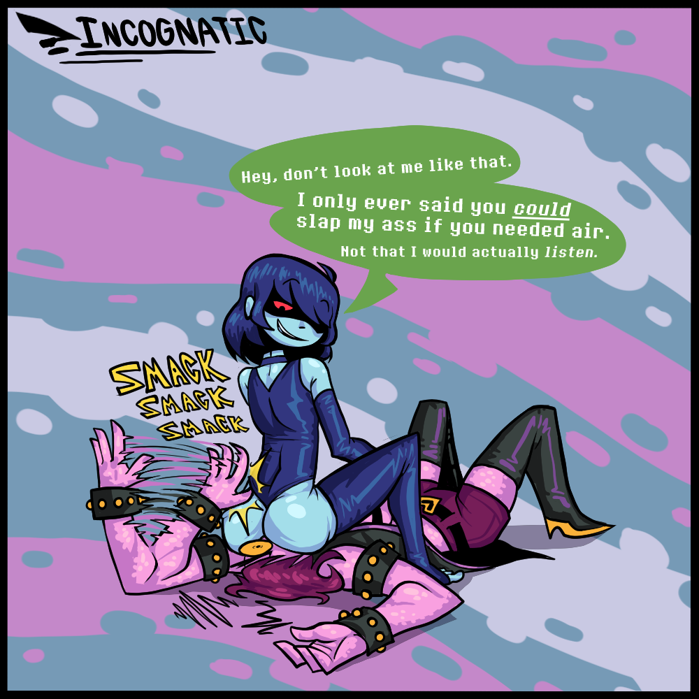 arm_gloves bodysuit breath_play choker crossdressing deltarune facesitting femsub incognatic kris_(deltarune) legwear maledom slapping_butt stockings suffocation susie_(deltarune)