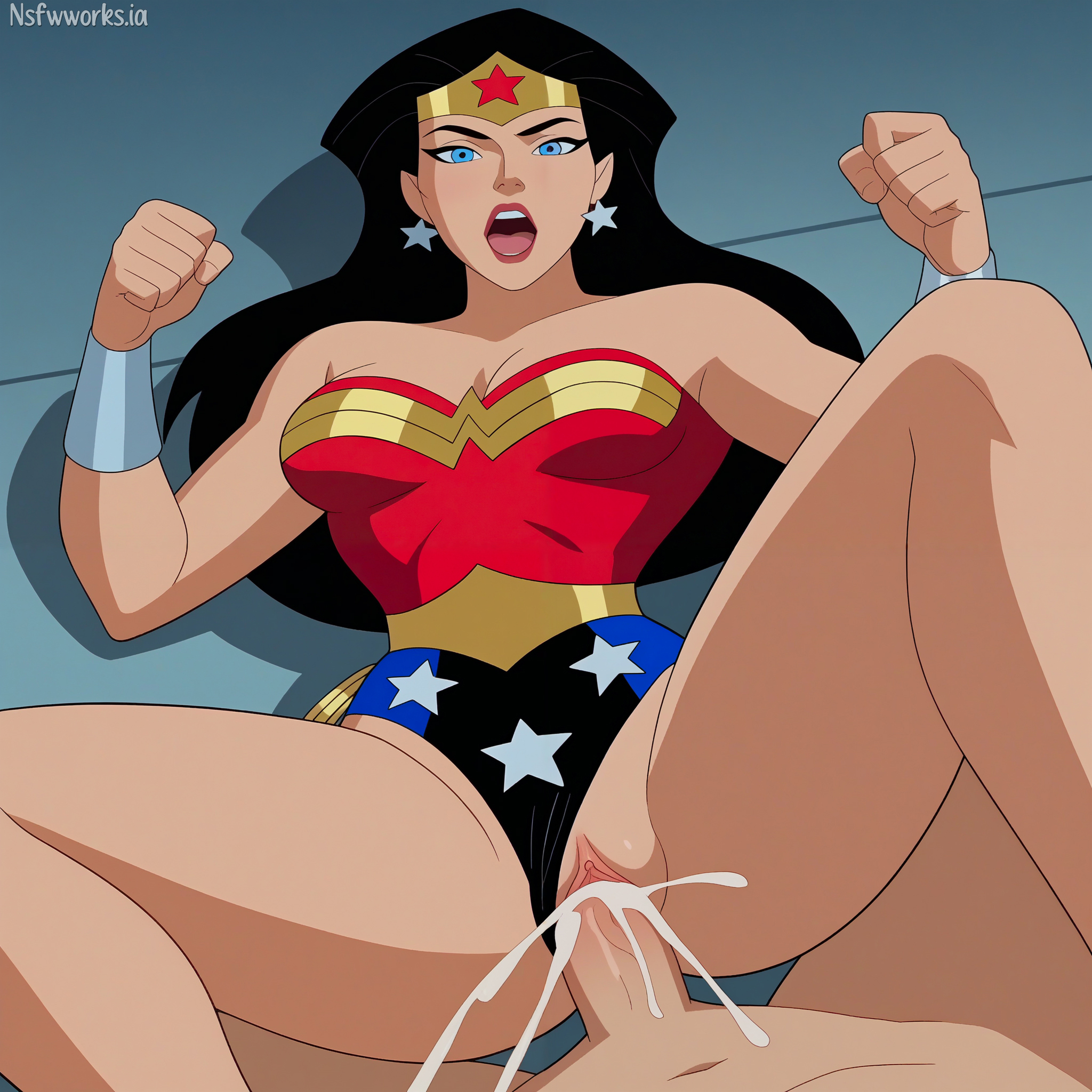 1boy, 1girls, 2d, ahe gao, ai generated, black hair, cartoon, cum, cumming, dc, dc comics, dcau, diana of themyscira, ejaculation, female, female focus, heroine, justice league, justice league unlimited, male, missionary position, nsfwworks.ia, open mouth, penetration, penis, pussy, sex, superheroine, vaginal penetration, wonder woman, wonder woman (dcau), wonder woman (series)