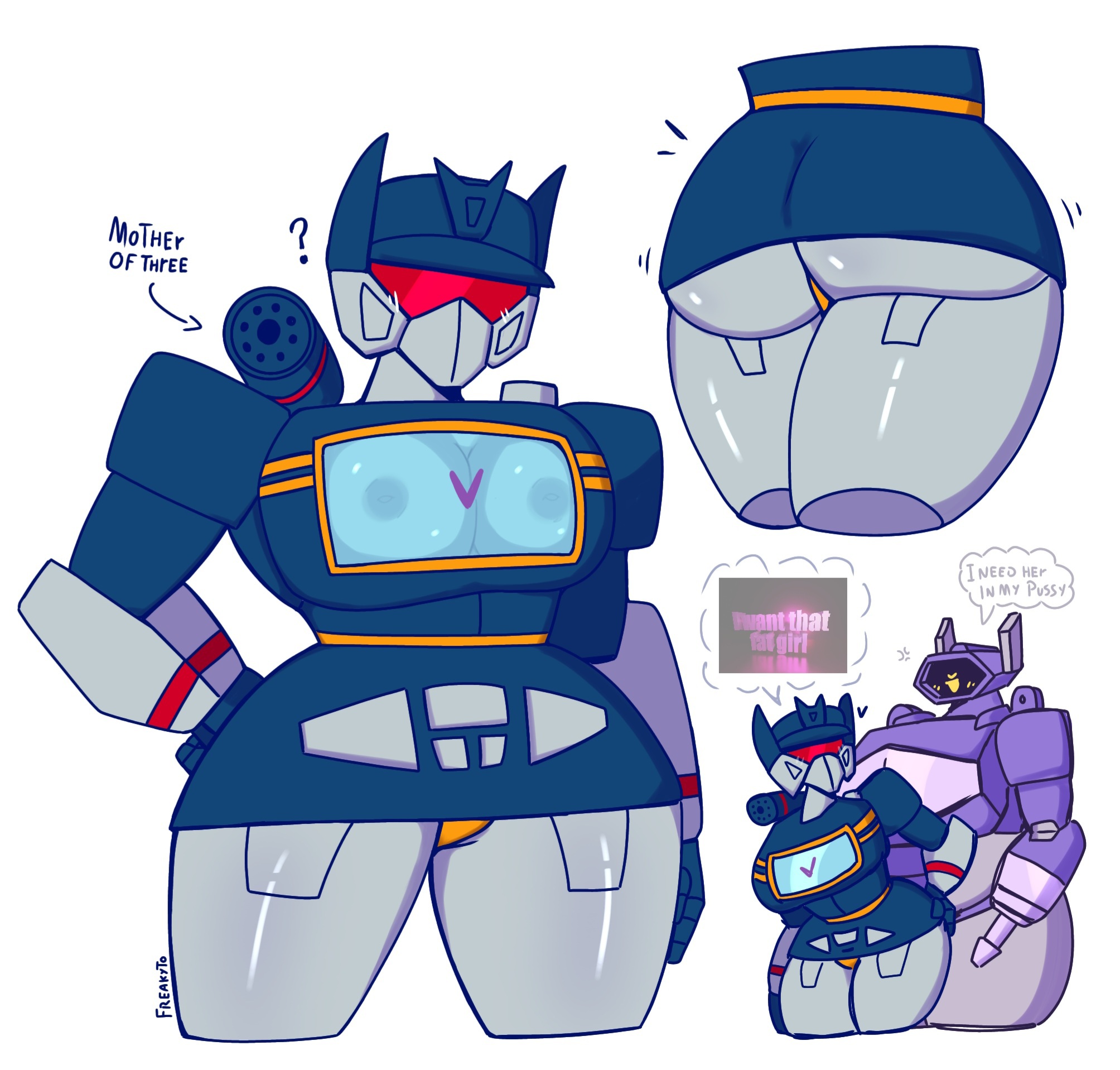 alien, alien girl, ass, big ass, big breasts, breasts, curvaceous, curvy, curvy female, curvy figure, female, freakyyto, larger female, looking at another, nipples, robot, robot girl, rule 63, shockwave (transformers), soundwave, thick thighs, thighs, transformers