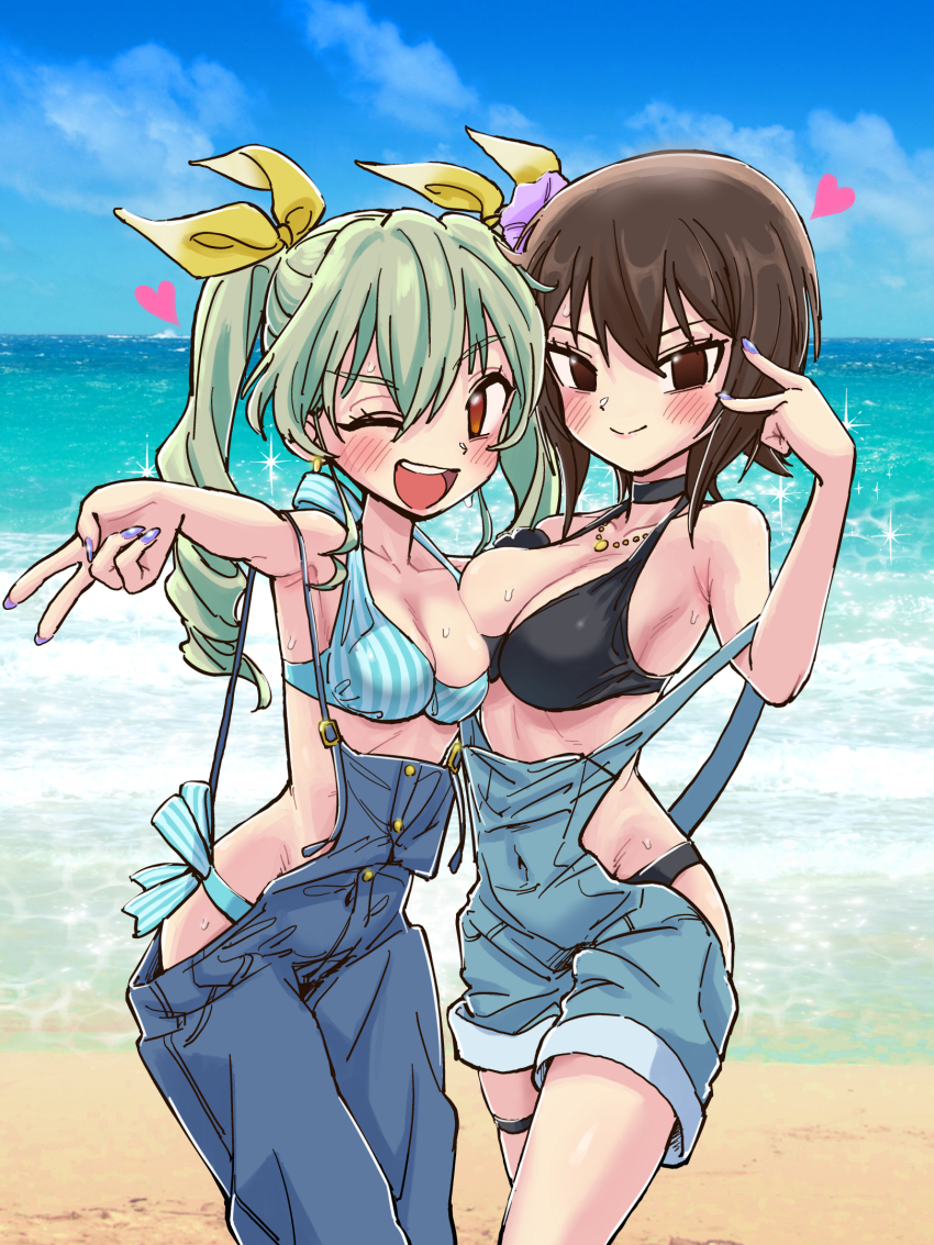 2girls anchovy_(girls_und_panzer) beach bikini blue_overalls blue_sky breasts brown_eyes brown_hair choker drill_hair eisu_(eith) girls_und_panzer hair_between_eyes heart highres large_breasts long_hair medium_breasts multiple_girls nail_polish nishizumi_maho ocean overalls short_hair sky swimsuit twin_drills twintails v yuri