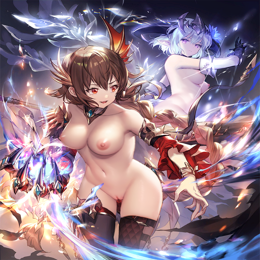 2girls big_breasts breasts brown_hair dragon_claws dragon_girl dragon_horns dragon_tail female female_focus female_only fight hair_ornament light_blue_hair long_hair multiple_girls nude nude_female nude_filter official_art pussy red_eyes shadowverse violet_eyes