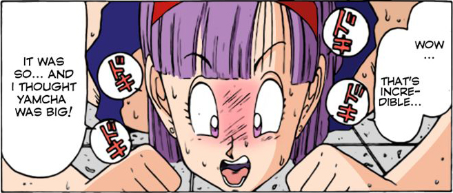 1girls blush blush_lines bottomless breasts breasts_out bulma_briefs bulma_briefs_(frieza_saga) coloured comic_panel crop_top doggy_style doggy_style_position doujinshi dragon_ball dragon_ball_z english_text fan_colored female female_only hairband lilac_hair ogata_satomi open_eyes open_mouth panting purple_hair sex sex_from_behind solo sweat sweatdrop sweating