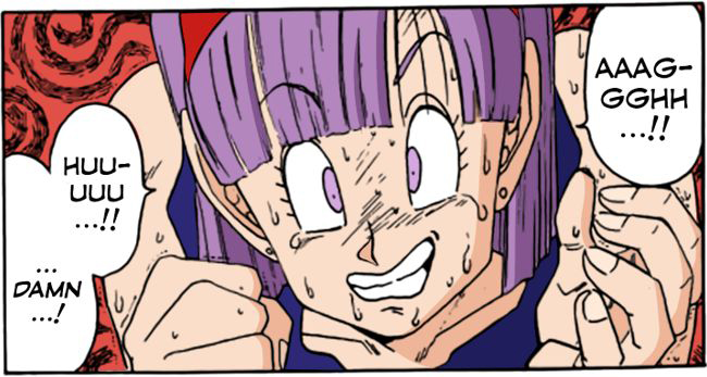 1girls 2022 bulma_briefs bulma_briefs_(frieza_saga) clenched_teeth coloured comic_panel crop_top doujinshi dragon_ball dragon_ball_z english_text eyes_open eyes_wide_open fan_colored female female_only fist_clenched hairband lilac_eyes lilac_hair ogata_satomi open_eyes purple_eyes purple_hair red_background shounen_jump solo sweat sweatdrops sweating tears