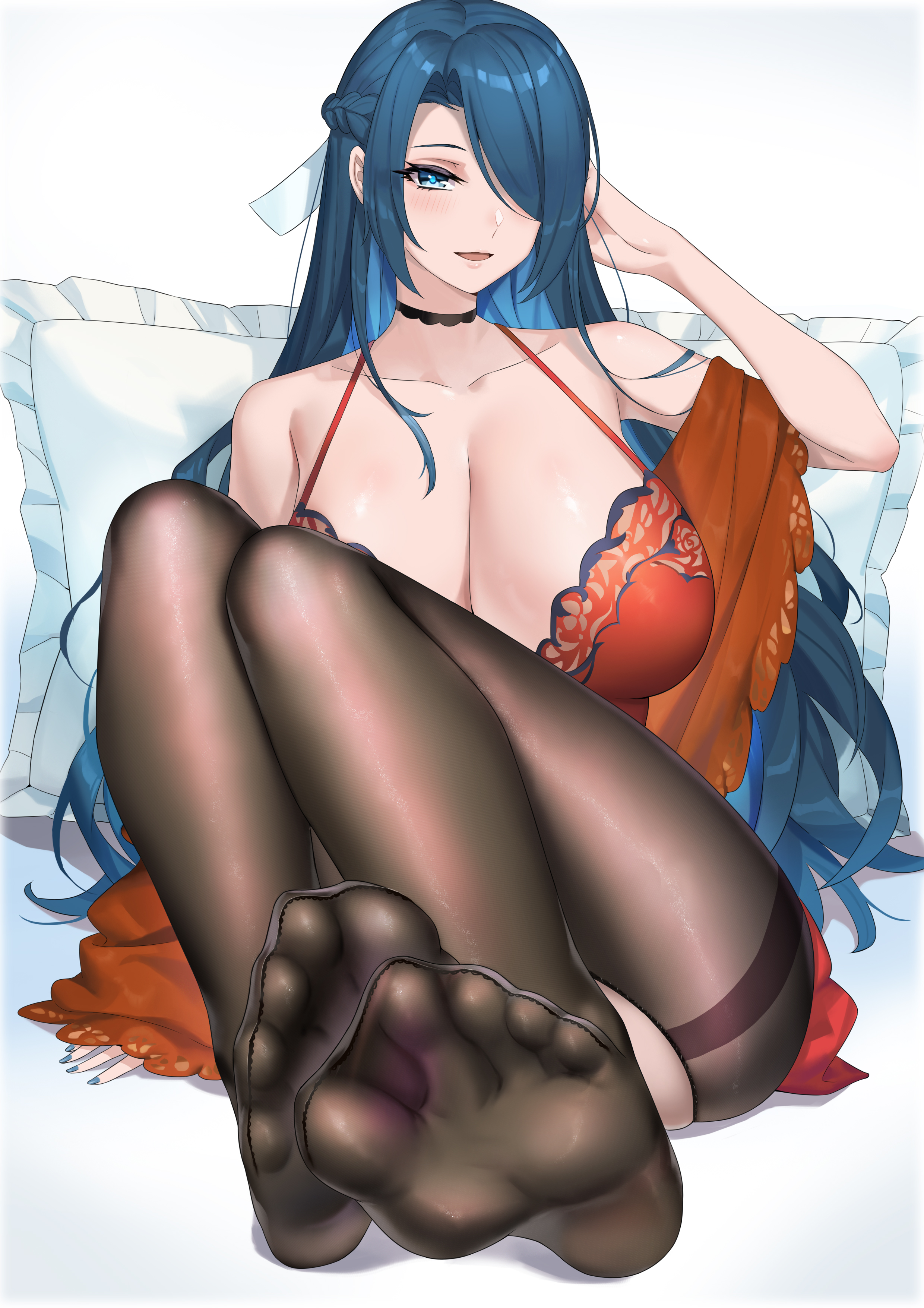 azuma fubuki, black pantyhose, blue eyes, blue hair, breasts, cleavage, feet, feet focus, feet visible through clothing, female, hair over one eye, large breasts, long hair, looking at viewer, mato kuroi, mato seihei no slave, milf, pantyhose