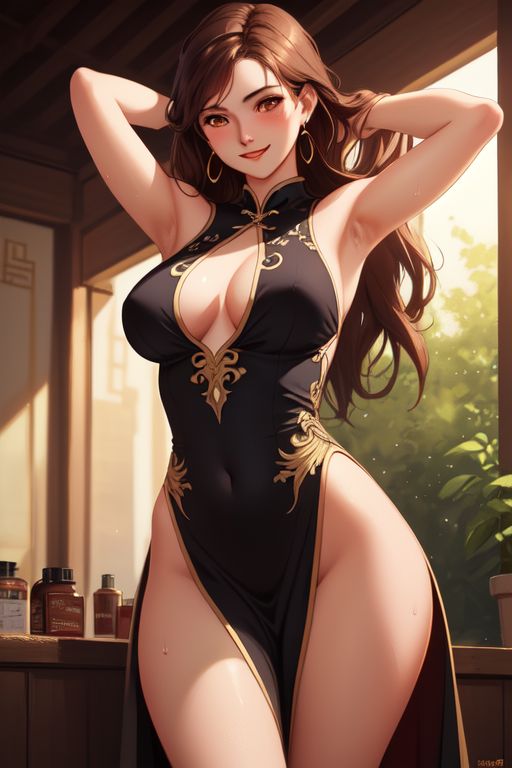 1girls ai_generated armpits black_dress breasts brown_hair chinese_clothes golden_hour sweaty_body