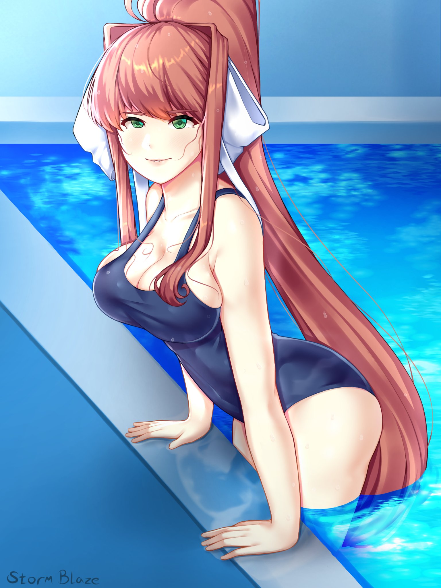 breasts, doki doki literature club, female, female only, green eyes, looking at viewer, monika (doki doki literature club), solo, stormblaze76, sweat, white bow