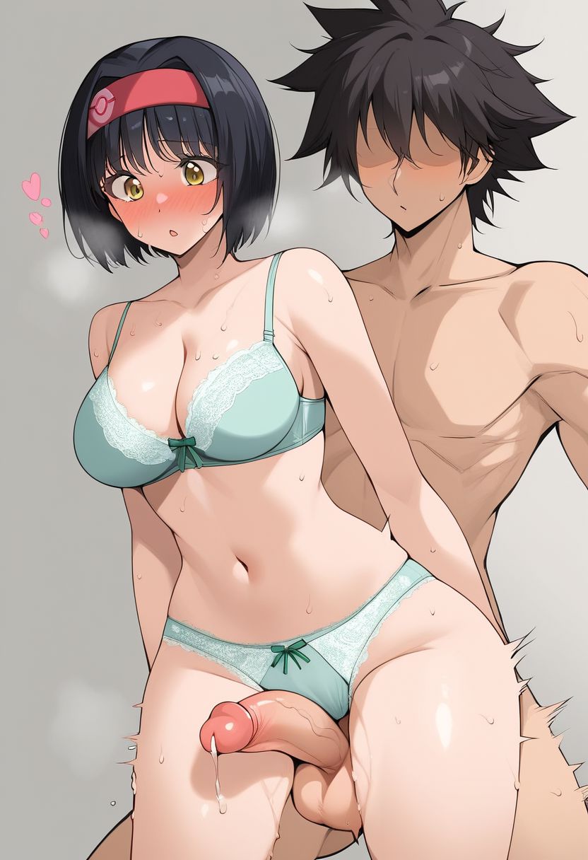 1boy 1girls ai_generated balls big_penis bra clothed_female_nude_male cock_shock erika_(pokemon) female gastkeser82 green_bra green_panties hair medium_breasts navel nude_male panties penis penis_awe penis_between_thighs pokemon precum precum_drip stomach thigh_sex voluptuous wide_hips