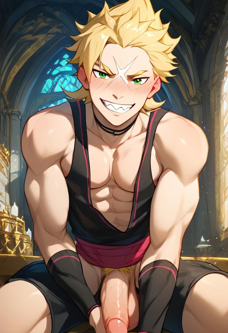 abs ai_generated balls biceps big_balls big_penis blonde_hair garfiel_tinsel gay holding_penis looking_at_viewer male male_only muscular muscular_male penis re:zero_kara_hajimeru_isekai_seikatsu scar_on_face smile toned_body toned_male twall97