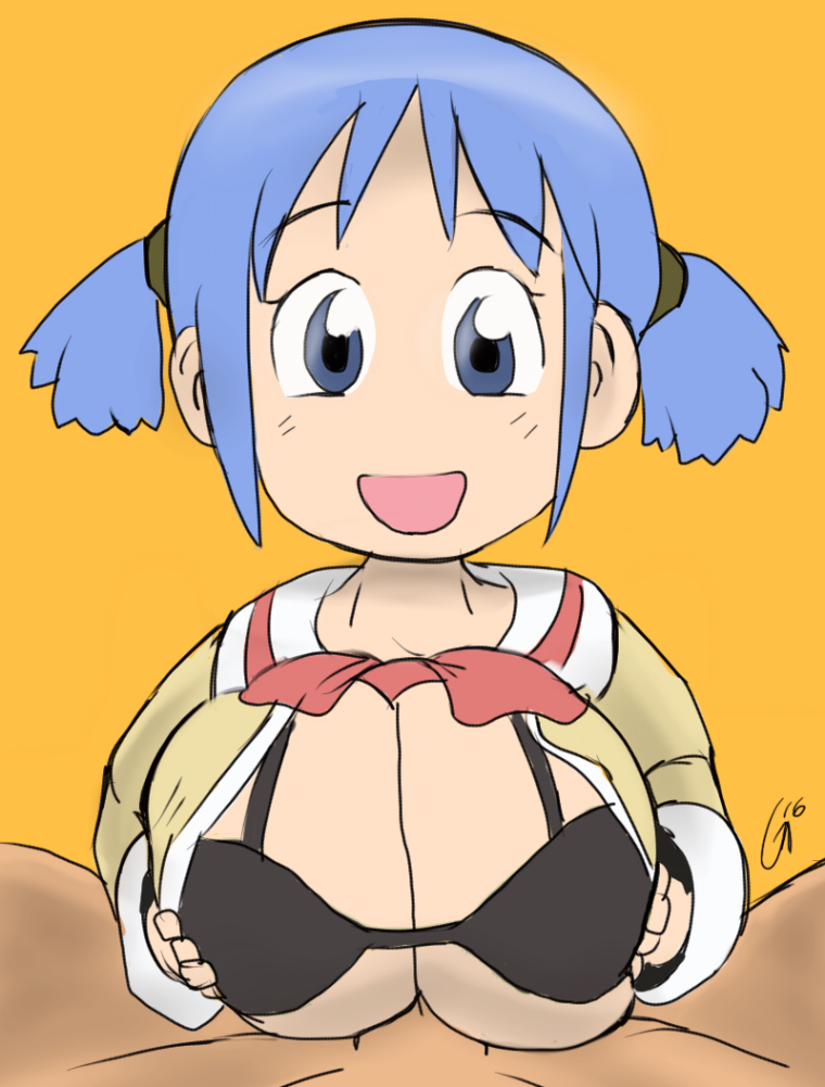 1boy 1girls alternate_breast_size between_breasts bikini blue_eyes blue_hair bra breast_squeeze breasts_out clothed female female_focus godalmite hair_ornament looking_at_viewer naganohara_mio nichijou paizuri pov school_uniform shortstack signature sketch smiling source_request titjob twintails