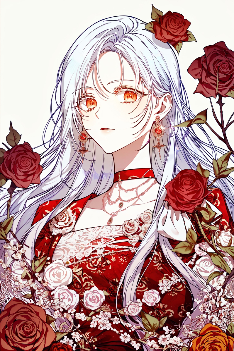 1girls ai_generated fiona_green_(i_became_the_wife_of_the_male_lead) fully_clothed hi_res i_became_the_wife_of_the_male_lead long_sleeves manhwa red_dress red_eyes roses silver_hair solo_focus webtoon white_background