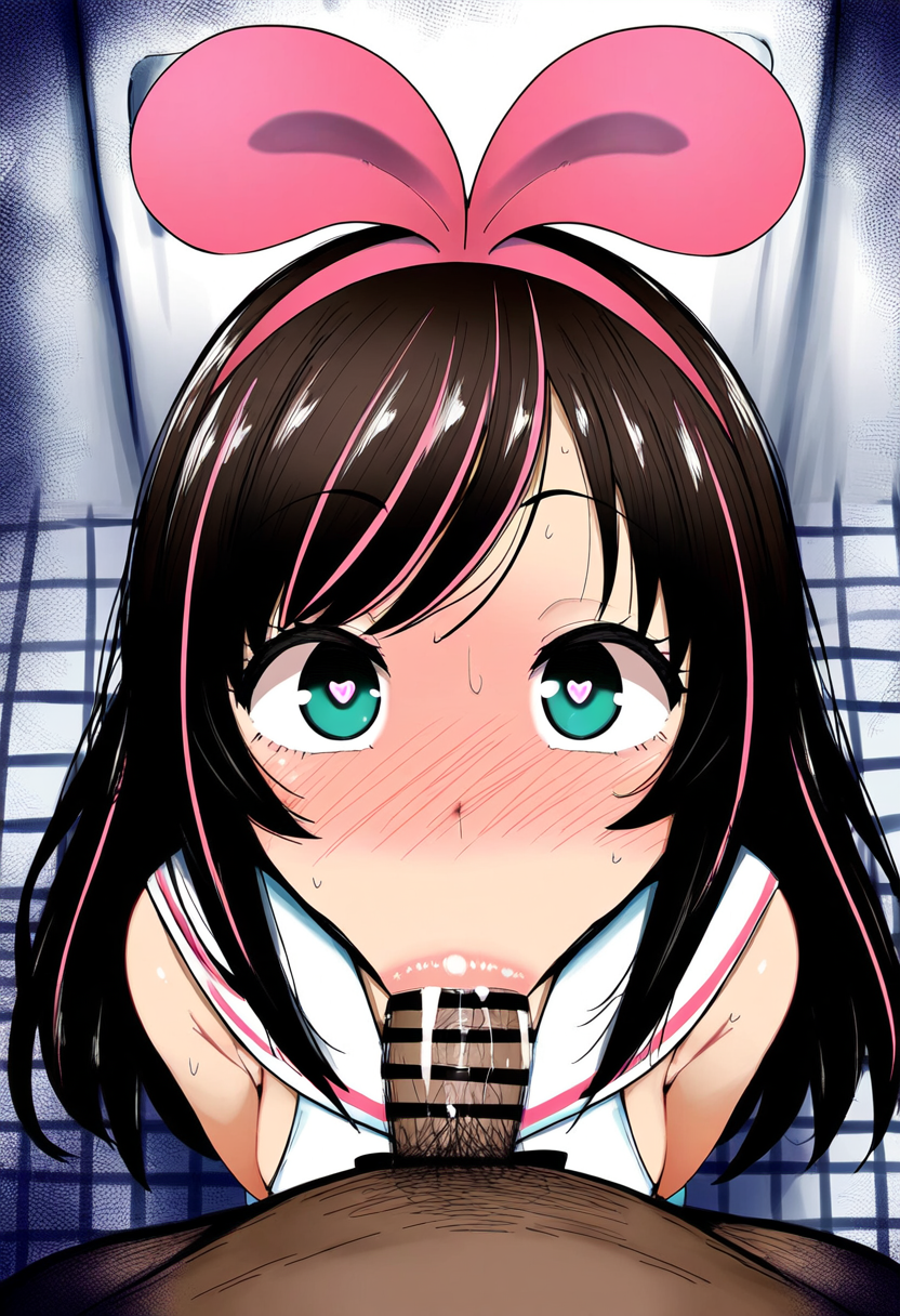 :>= ai_generated cum dark-skinned_male fellatio heart-shaped_pupils interracial kizuna_ai kizuna_ai_inc. kurotama pubic_hair sweat tiles virtual_youtuber vtuber