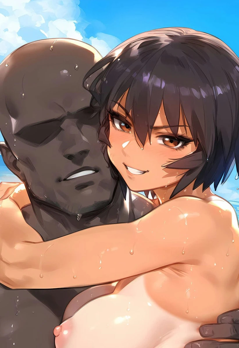 1boy 1girls ai_generated areolae azumanga_daiou beach big_breasts brown_eyes brown_hair dark-skinned_male dark_skin hug huge_breasts interracial kagura_(azumanga_daiou) large_breasts looking_at_viewer nakatori nipples puffy_nipples short_hair smiling squatting sweat sweatdrop tan-skinned_female tan_body tanned_female tanned_skin tomboy voluptuous voluptuous_female