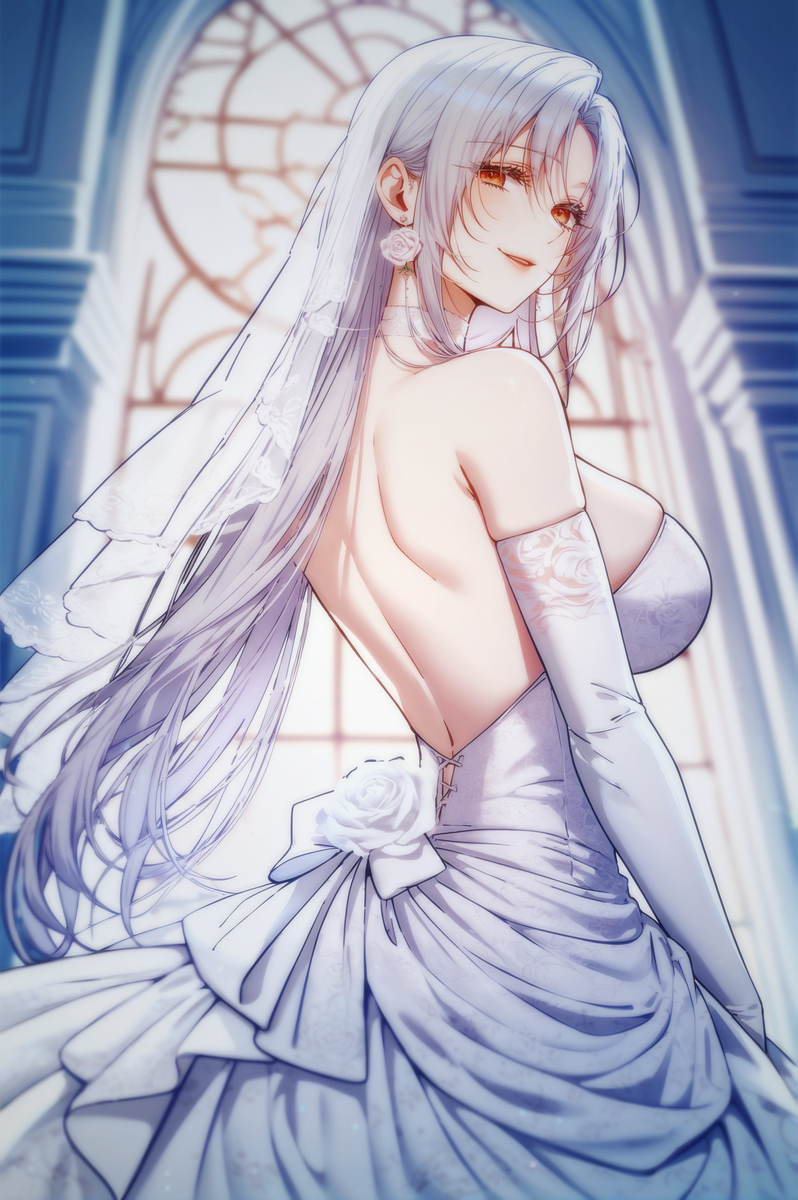 1girls ai_generated bride church_interior exposed_back fiona_green_(i_became_the_wife_of_the_male_lead) i_became_the_wife_of_the_male_lead long_hair looking_at_viewer manhwa red_eyes silver_hair smiling_at_viewer solo_focus webtoon wedding_dress wedding_veil