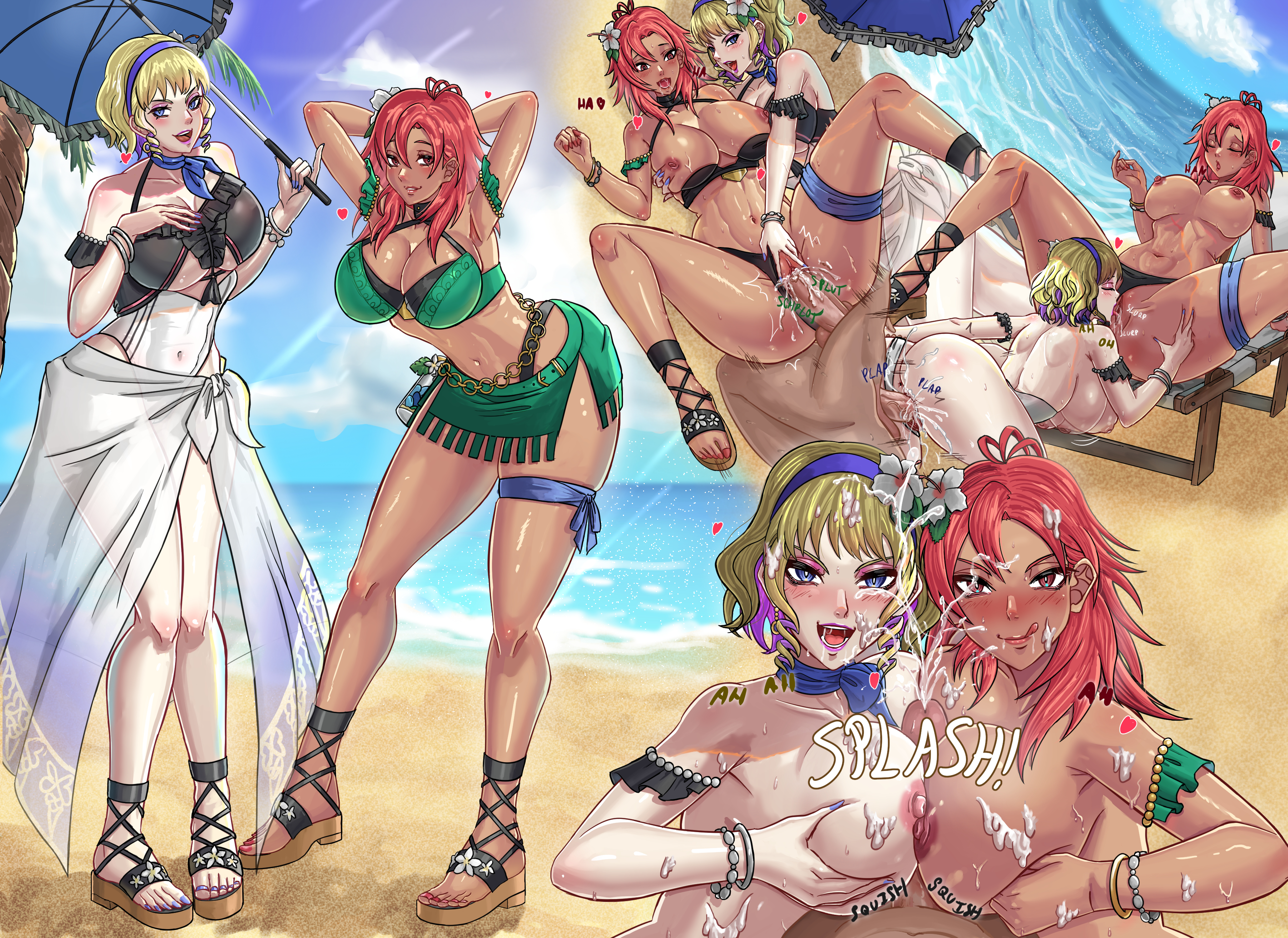 1boy, 2025, 2girls, 4koma, absurdres, alboeire, alternate costume, anus, arms up, assisted sex, beach, bikini, bikini aside, blonde hair, blue eyes, blue hair, blush, bouncing breasts, bracelet, breasts, cleavage, colored inner hair, constance von nuvelle, cum, cum in pussy, cum inside, cum on breasts, cum on face, cumshot, cunnilingus, dark skin, dark-skinned female, dark-skinned male, ear piercing, earrings, female, female focus, ffm threesome, fire emblem, fire emblem heroes, fire emblem: three houses, flower, flower in hair, hair flower, hair ornament, hairband, hapi (fire emblem), heart, highres, kiran (fire emblem), large breasts, licking lips, licking pussy, light skin, light-skinned female, looking at viewer, lounge chair, male, male pov, motion blur, motion lines, multicolored hair, nail polish, navel, nintendo, nipples, official alternate costume, open mouth, painted nails, painted toenails, paizuri, palm tree, parasol, penis, pussy, pussy juice, red eyes, red hair, sand, sea, short hair, spread legs, textless, textless version, threesome, tongue, tongue out, two-tone hair