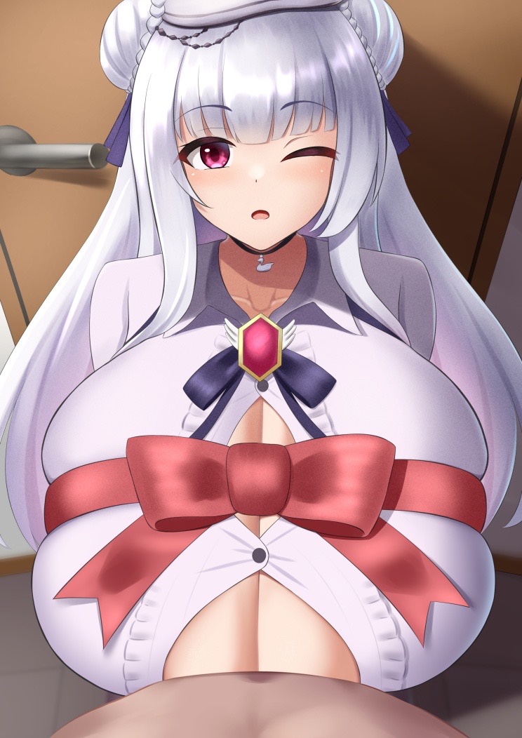 1boy 1girls azur_lane beret blush breasts censored cygnet_(azur_lane) cygnet_(retrofit)_(azur_lane) dark-skinned_male dark_skin double_bun emp_(denjipgre) eyebrows_visible_through_hair hat huge_breasts indoors light_skin looking_at_viewer male_pov mosaic_censoring one_eye_closed paizuri pink_eye pov retrofit_(azur_lane) royal_navy_(azur_lane) white_hair