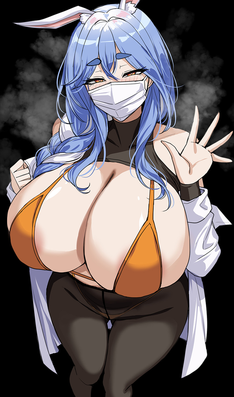 1girls, blue hair, breasts, drogod (artist), face mask, female, hololive, hololive japan, huge breasts, light skin, light-skinned female, long hair, mask, mature female, milf, mother, pekomama, rabbit ears, thick thighs, virtual youtuber, wide hips