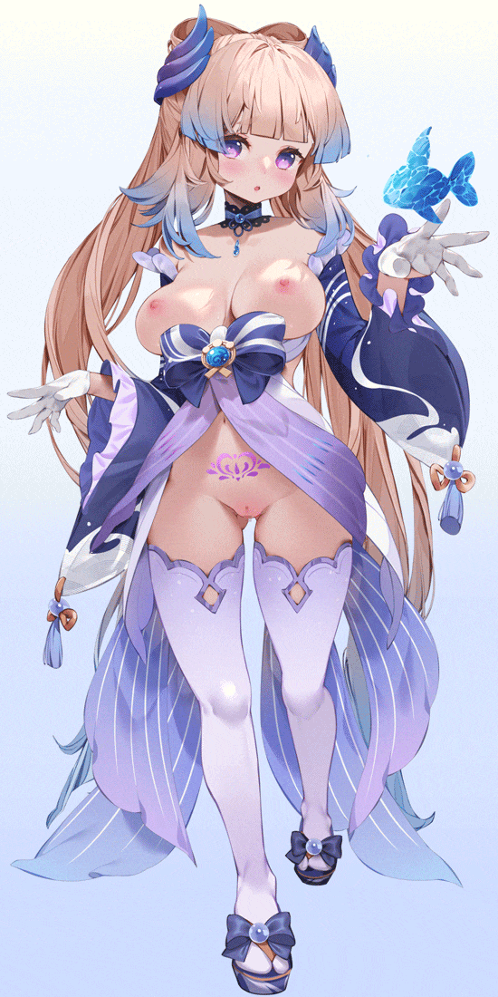 1:2, 1girls, animated, blonde hair, bottomless, breasts, censored, censored pussy, female, genshin impact, mosaic censoring, purple eyes, pussy, sangonomiya kokomi, solo, topless, twintails, vertical video, waterring
