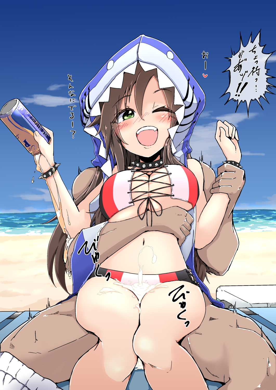 1boy arm_grab beach beer beer_can big_breasts bikini blush blush breasts brown_hair cum cum_explosion cum_on_body cum_on_lower_body cum_on_thighs dark-skinned_male female green_eyes himekawa_yuki huge_breasts idolmaster idolmaster_cinderella_girls muscular_male owerk shark_hood smile smiling spiked_bracelet spiked_collar spikes thigh_sex thighs