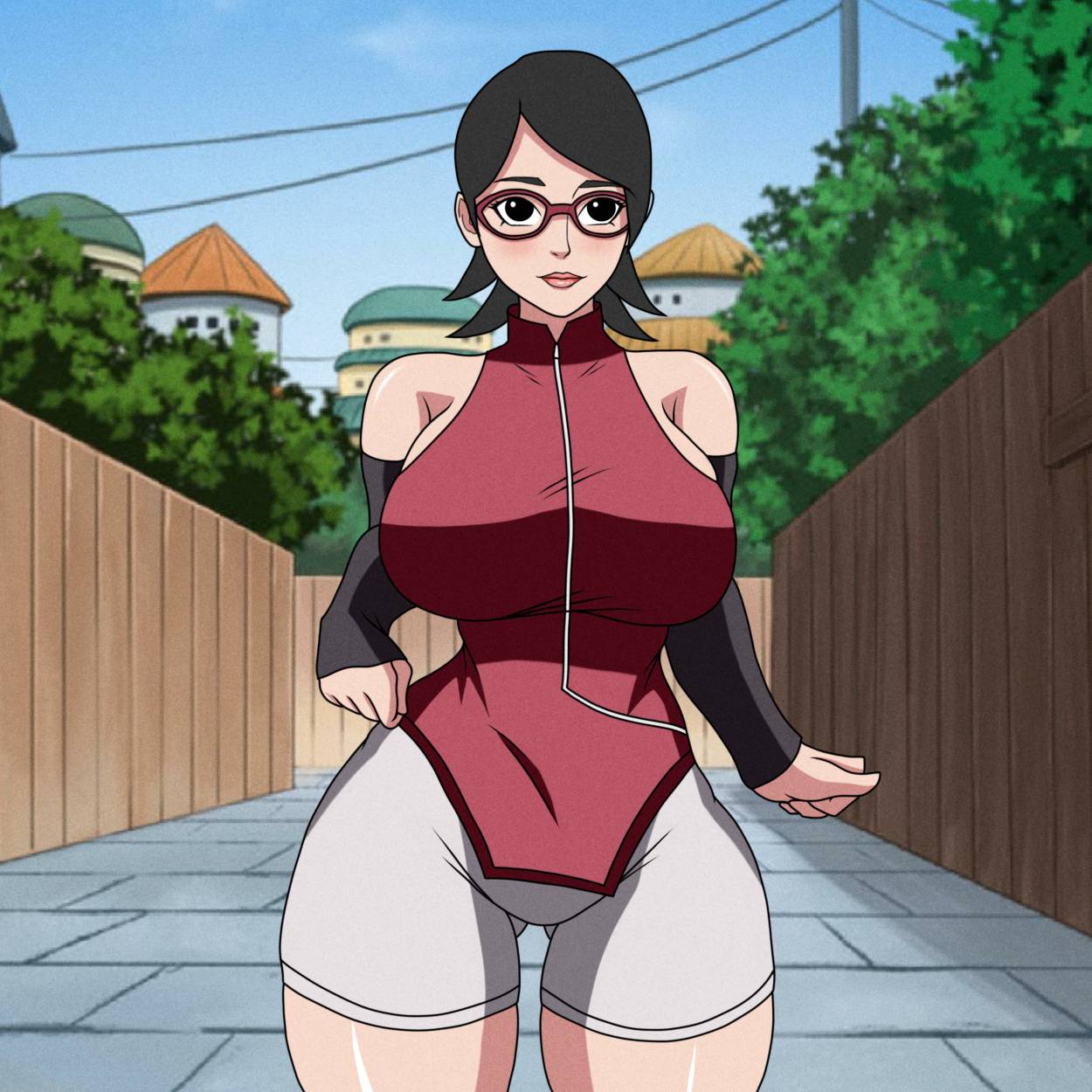 1girls aged_up alley alternate_breast_size arm_warmers armwear ass_visible_through_thighs bare_shoulders big_breasts bike_shorts black_eyes black_hair blush boruto:_naruto_next_generations busty child_bearing_hips cleavage clothed clothing curvaceous curvy curvy_female curvy_figure female female_focus female_only fully_clothed glasses hourglass_figure jacket large_breasts light-skinned_female light_skin lips lipstick makeup naruto naruto_(series) naruto_shippuden outdoors outside pale-skinned_female pale_skin pink_lips pink_lipstick sarada_uchiha short_hair short_shorts shorts shounen_jump sideboob sleeveless_shirt solo solo_female solo_focus standing sutokatsu thick_thighs thighs thunder_thighs tight_clothing voluptuous wide_hips