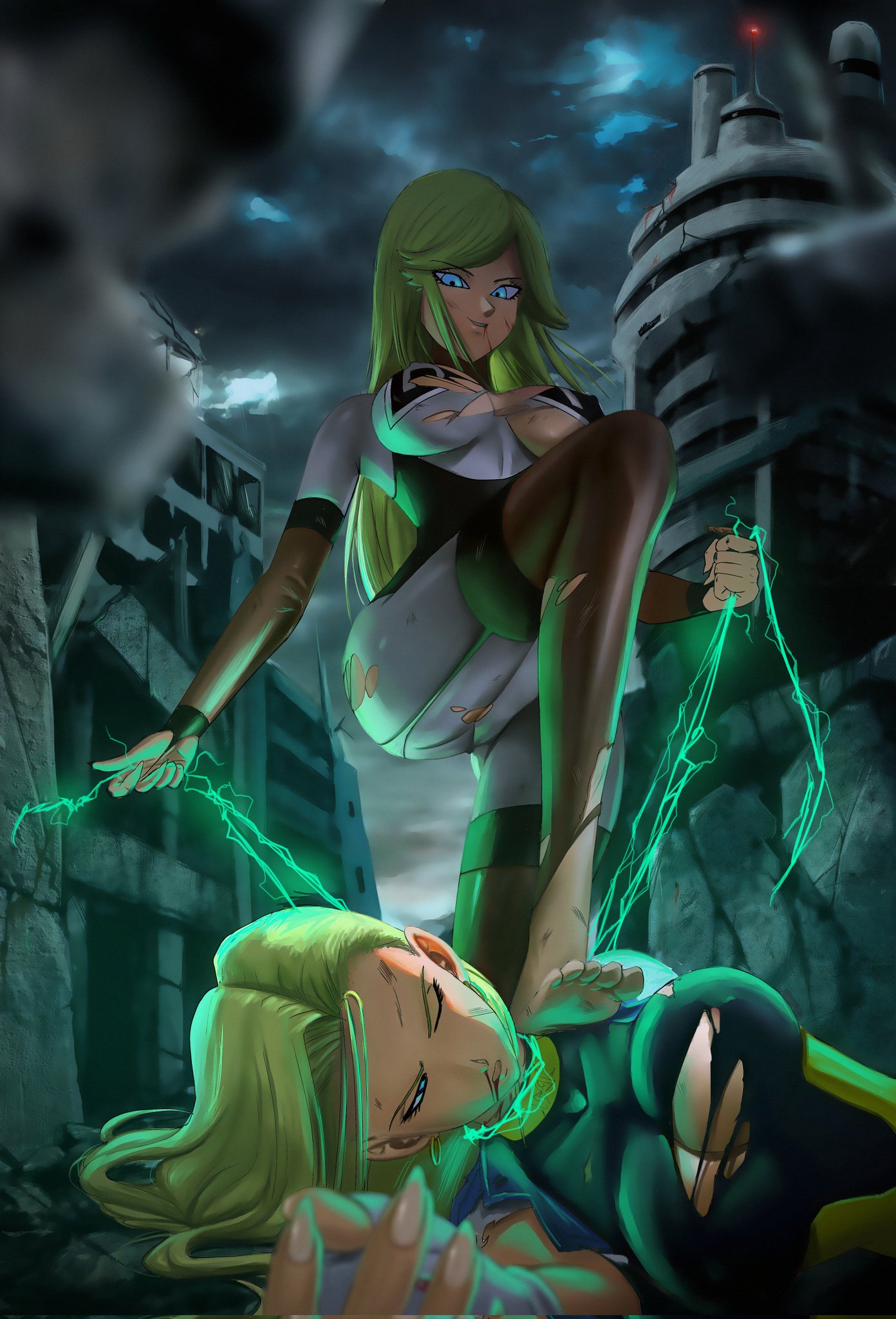 2girls, android 18, big breasts, blonde hair, blue eyes, breasts, cleavage, dark persona, defeated, dragon ball, female, multiple females, multiple girls, nipple bulge, novasayajingoku, ripped clothing, torn clothes