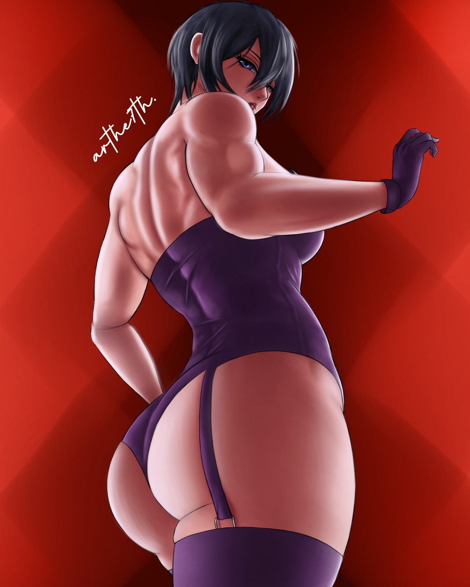 1girls, a.r. the 7th, asian, asian female, ass, ass focus, athletic, athletic female, attack on titan, back, back view, big ass, black hair, blue eyes, female, female only, gloves, light skin, light-skinned female, low-angle view, mikasa ackerman, muscular, muscular female, senpokage, shingeki no kyojin, short hair, solo