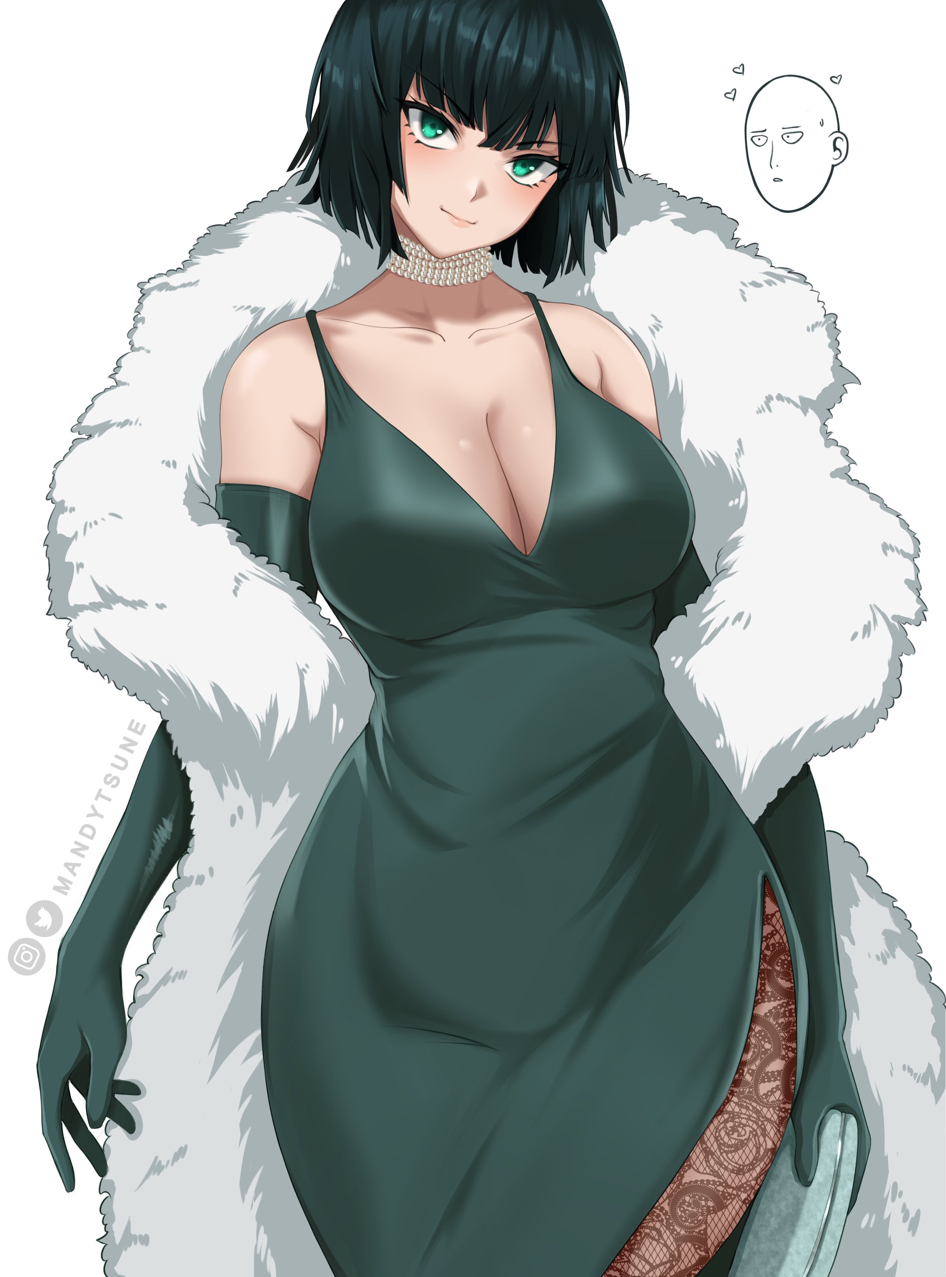 1girls, absurd res, bangs, bare shoulders, big breasts, blush, bob cut, breasts, busty, cleavage, clothed, clothing, coat, covered navel, crossed legs, curvaceous, curvy, curvy body, curvy female, curvy figure, dark green hair, dress, elegant, elegant dress, exposed thighs, eye contact, eyelashes, female, female focus, female only, fishnet legwear, fishnets, fringe, front view, fubuki (one-punch man), fur coat, gloves, green dress, green eyes, green hair, heroine, highres, hips, hourglass figure, large breasts, legs, legs together, light skin, light-skinned female, lips, lipstick, long gloves, looking at viewer, mandytsune, medium hair, necklace, one-punch man, pantyhose, pearl necklace, pink lips, pink lipstick, pose, shiny skin, short hair, slim, slim waist, smile, smiling, smiling at viewer, smirk, solo, solo female, solo focus, standing, thick, thick thighs, thighs, thin waist, tight dress, voluptuous, waist, walking, white background, wide hips