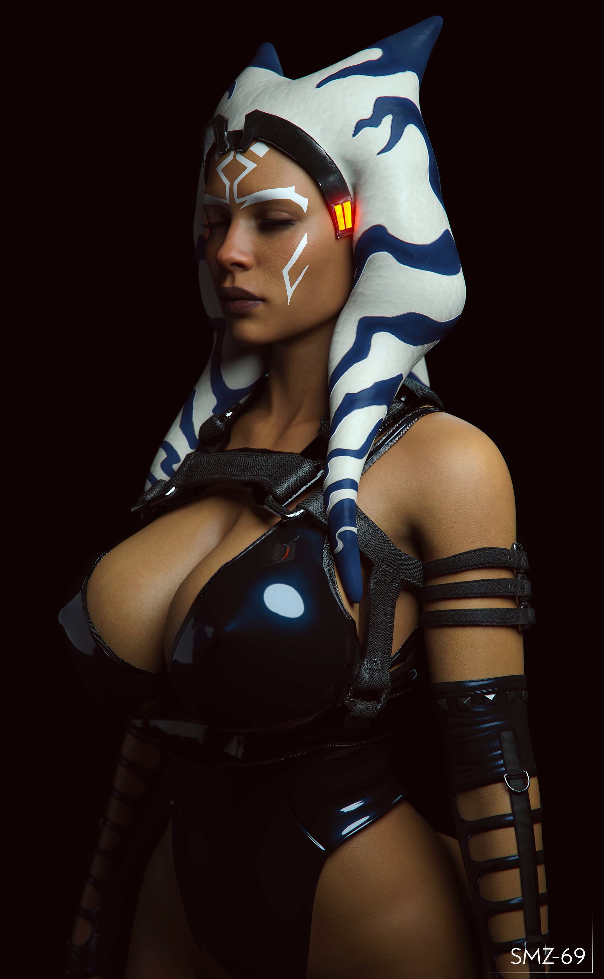 1girls, 3d, absurd res, ahsoka tano, ahsoka tano (imperial), alien, alien girl, big breasts, breasts, cleavage, female, female only, hi res, large breasts, latex, smz-69, solo, star wars, the clone wars: season seven, togruta