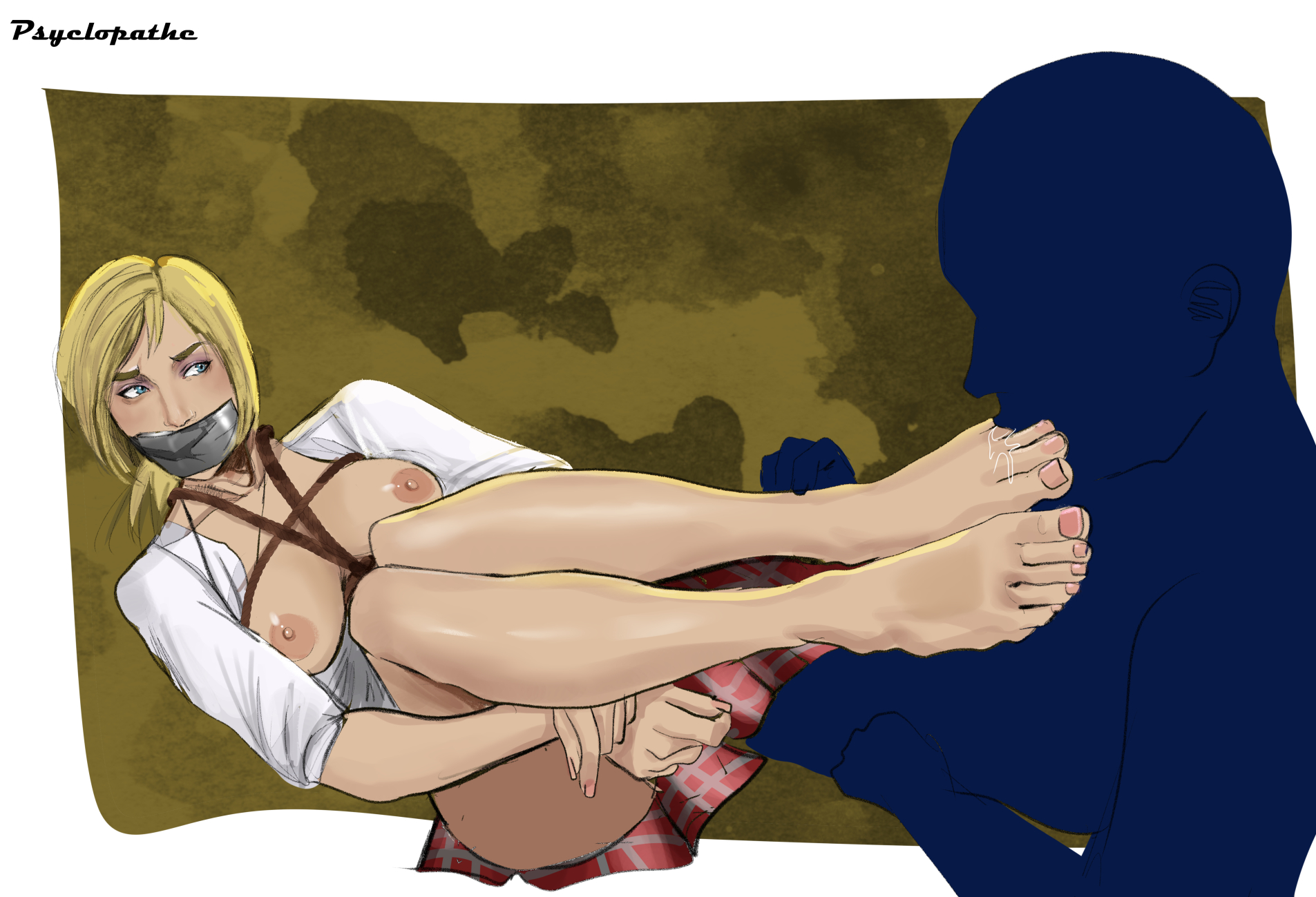 1girls, areolae, big breasts, blonde hair, blue eyes, bondage, breasts, breasts out, faceless male, feet, female, foot fetish, gag, grand theft auto, grand theft auto v, invisible male, legs together, legs up, looking at partner, male, nipples, pink toenails, psyclopathe, saliva, shirt open, simple background, skirt, tape gag, toe sucking, toenail polish, toes, tracey de santa, white shirt