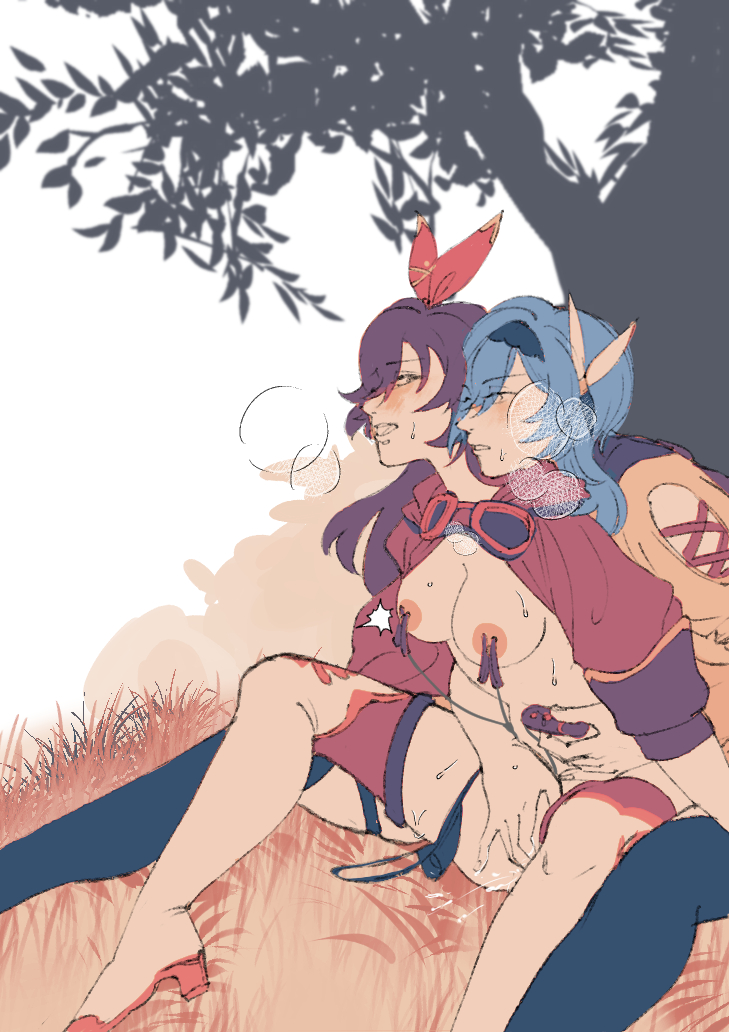 2girls, amber (genshin impact), blue hair, brown hair, eula (genshin impact), female, female only, finger fuck, fingering, genshin impact, lesbian, lesbian sex, looking pleasured, multiple females, multiple girls, nipple clamps, nipple stimulation, outdoor sex, partially clothed, pussy, sex toy, squirting, stimulation, stockings, sweat, vaginal sex, vibrator, wetpancake0112, yuri