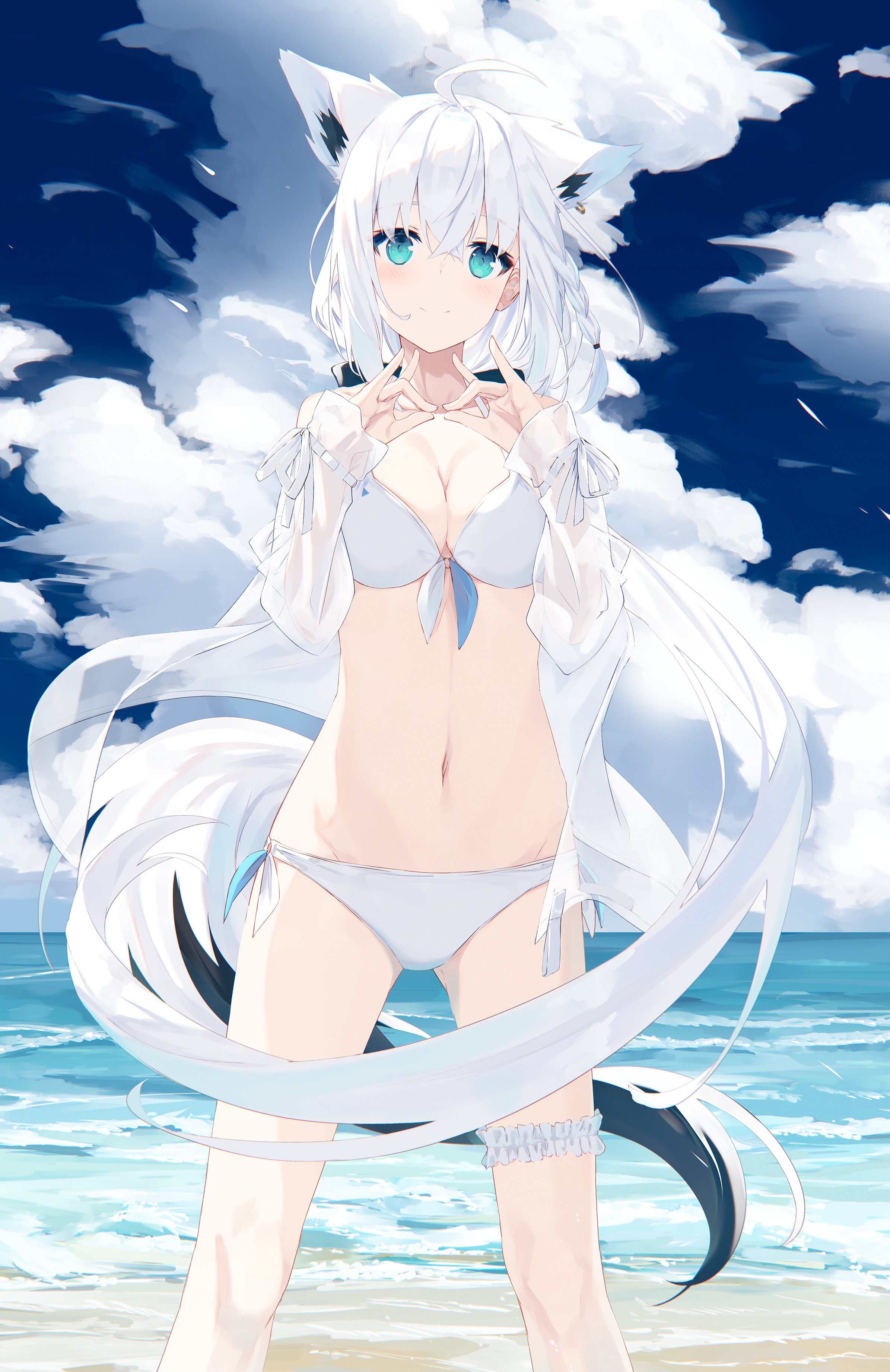 ahoge, beach, blue eyes, clouds, cute, cute face, cyan eyes, female, fox, fox ears, fox girl, fox tail, high resolution, highres, hololive, hololive gamers, hololive gen 1, hololive japan, looking at viewer, ocean, shirakami fubuki, smile, smiling, smiling at viewer, standing, swimsuit, virtual youtuber, white hair