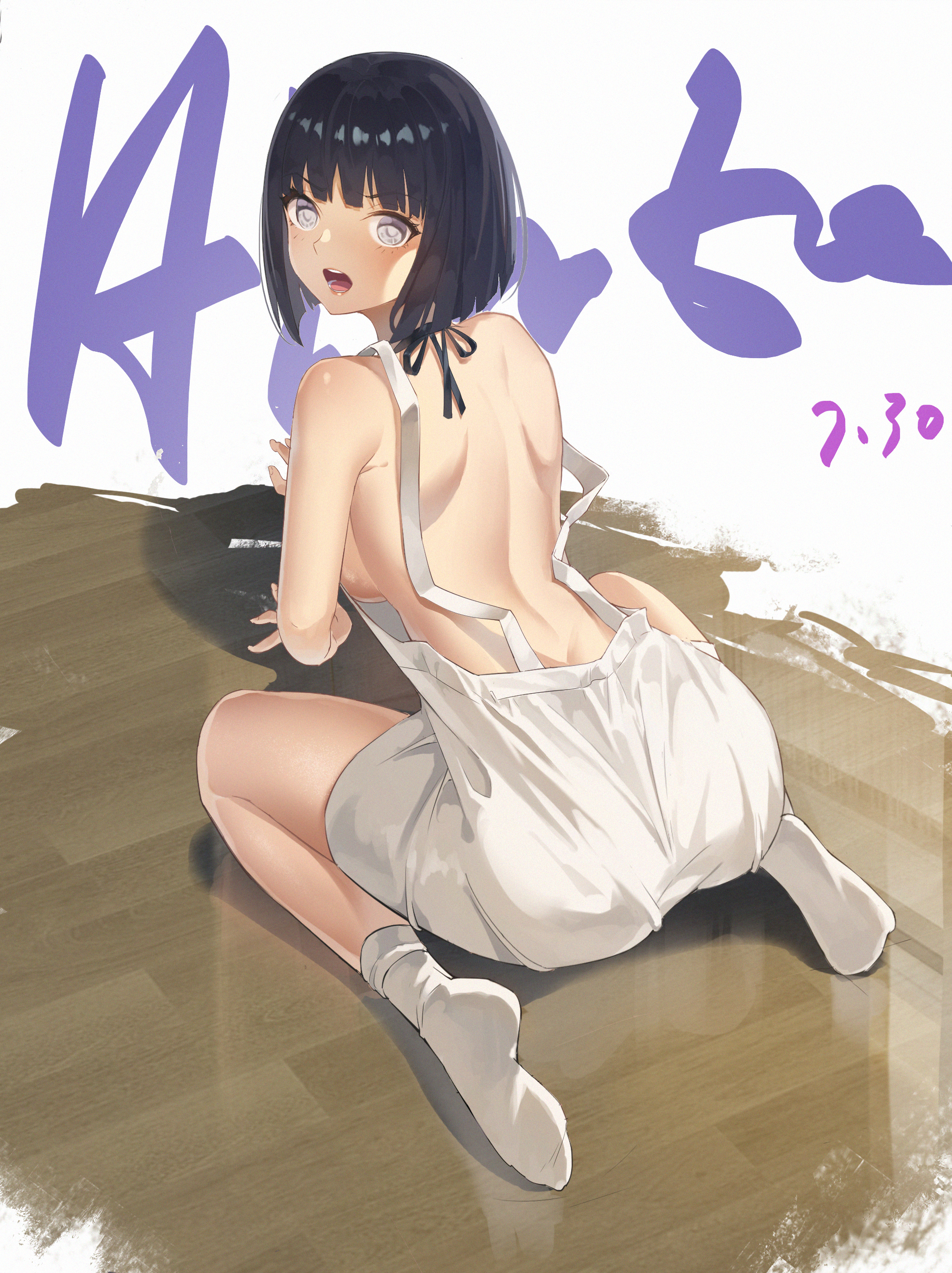 1girls, arched back, ass, ass focus, ass in dress, bare shoulders, bent over, big ass, big butt, blue hair, blush, bob cut, boruto: naruto next generations, breasts, cleavage, clothed, clothing, cute, dress, eyelashes, female, female focus, female only, hyuuga hinata, kneeling, legs, light skin, light-skinned female, lips, lipstick, looking at viewer, looking back, loose clothes, makeup, mature, mature female, medium hair, milf, naruto, naruto (series), no bra, on knees, open mouth, pink lips, pink lipstick, pinup, shocked, shocked expression, shoulder length hair, shounen jump, sideboob, socks, soles, solo, solo female, solo focus, sundress, thighs, uzumaki hinata, voluptuous, white socks