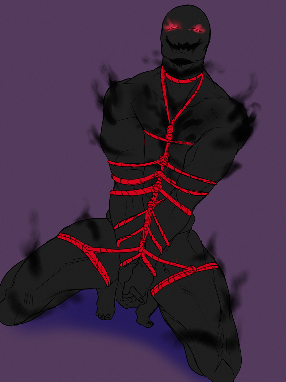 amused black bondage captured genderless glowing_eyes masculine nabu_(oc) oc pinklop red_eyes red_rope shadow shadow_creature smiling tied_up