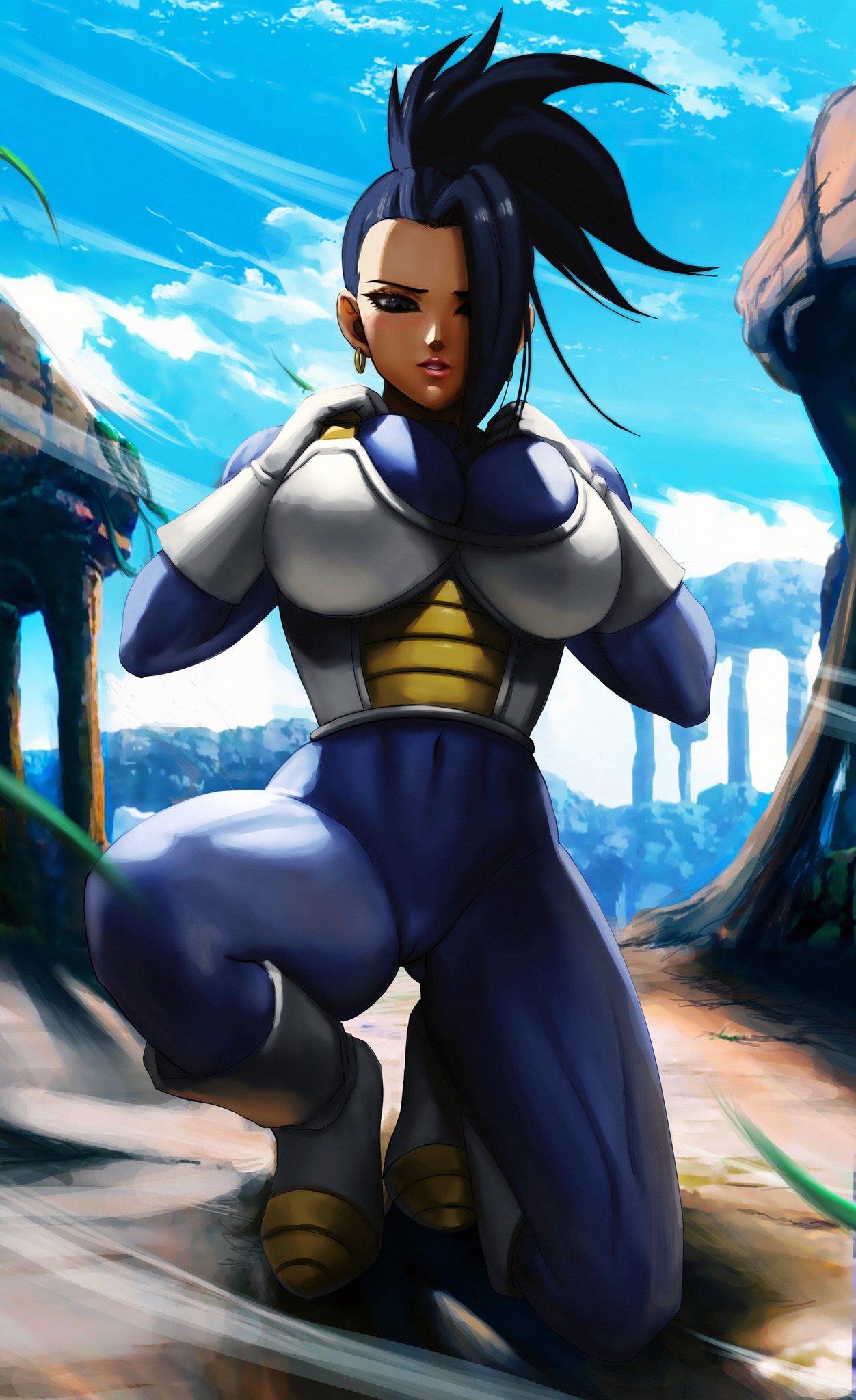 1girls battle_armor big_breasts black_eyes black_hair cameltoe cleavage dragon_ball dragon_ball_super female female_only holding_breast kale lipstick novasayajingoku saiyan_armor solo vegeta_(cosplay)