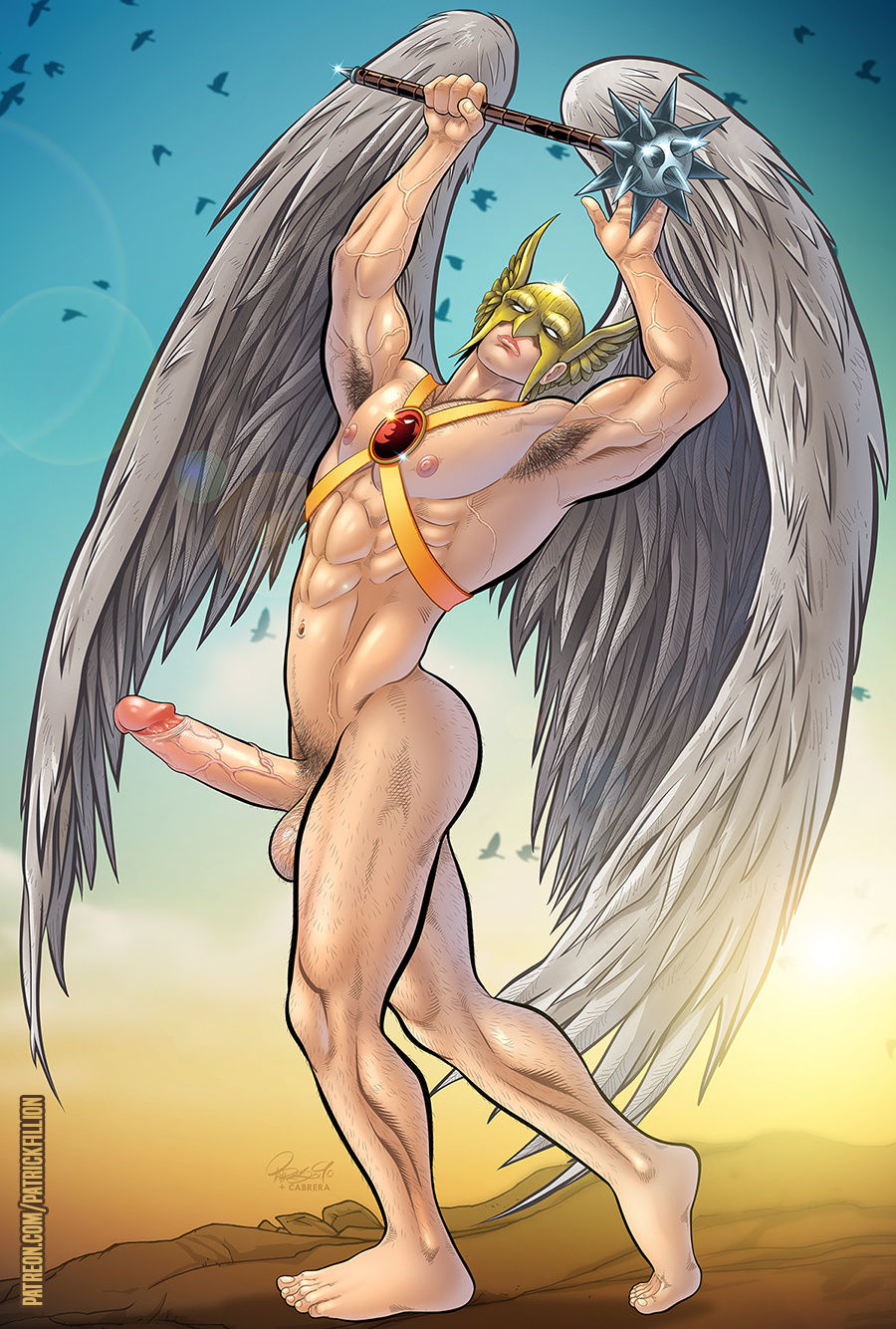 1male abs armpit_hair armpits arms_up big_penis carter_hall dc dc_comics erect_penis erection hawkman helmet mace male male_focus male_only muscular muscular_male patrick_fillion solo solo_male veiny_penis wings