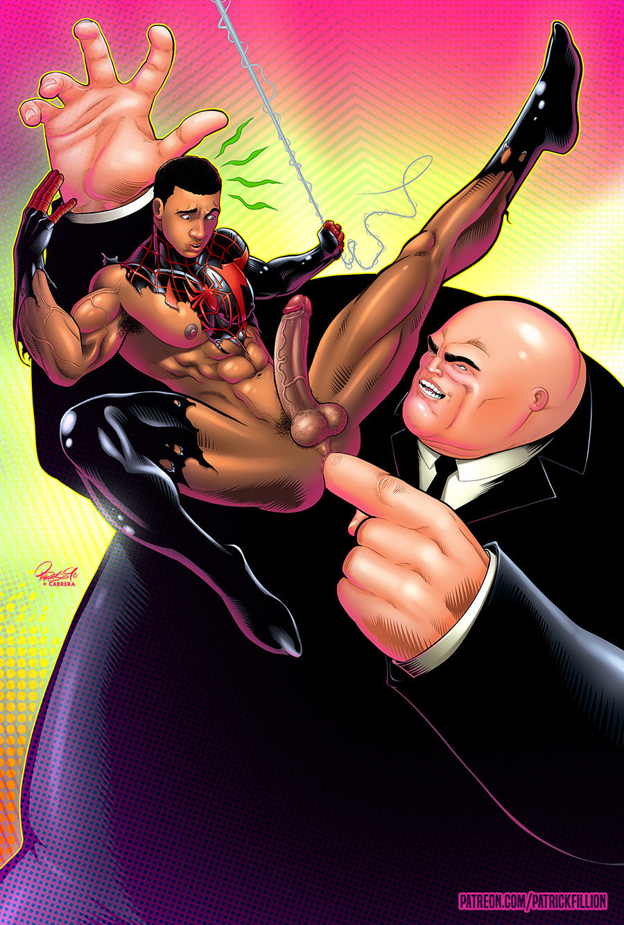 2boys abs bald dark-skinned_male dark_skin erect_penis erection fat_man fingering gay interracial kingpin male male_focus male_only marvel marvel_comics miles_morales patrick_fillion ripped_clothing size_difference spider-man_(series) tagme veiny_penis yaoi