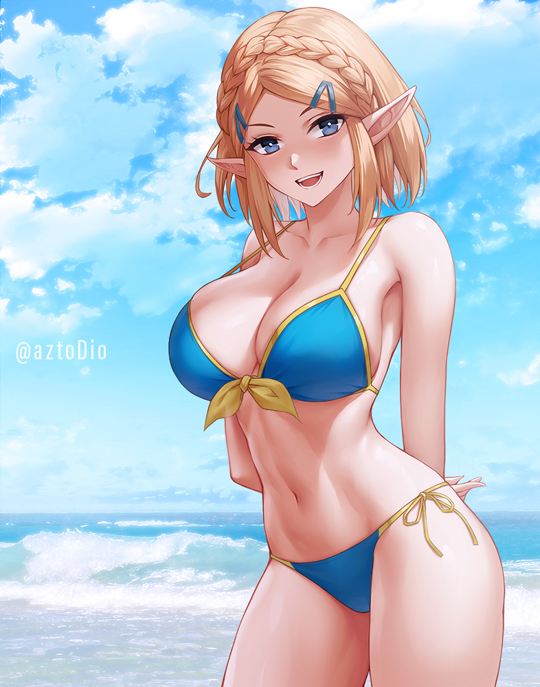 1girls azto_dio aztodio beach big_breasts bikini blonde_hair blue_bikini blue_clothing blue_eyes blue_swimwear breasts breath_of_the_wild cleavage clothed clothing female hair humanoid humanoid_pointy_ears hylian nintendo princess_zelda seaside side-tie_bikini solo swimwear tears_of_the_kingdom the_legend_of_zelda video_games water zelda_(tears_of_the_kingdom)