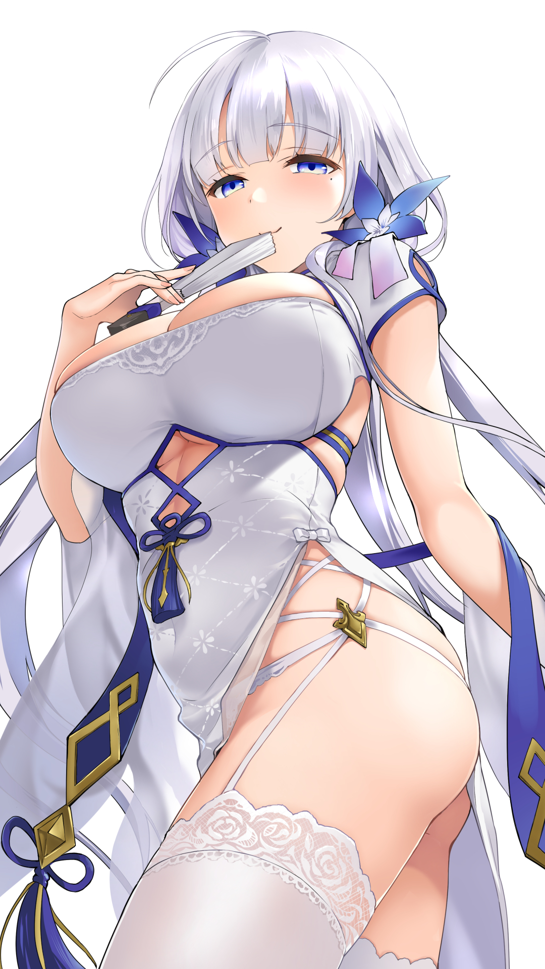 1girls, ahoge, artist request, ass, azur lane, bangs, blue eyes, blush, breasts, dress, fan, female, from below, garter straps, hair ornament, hand fan, holding, huge breasts, illustrious (azur lane), lace, lace trim, lace-trimmed legwear, legwear, long hair, looking at viewer, mole, mole under eye, side slit, solo, thighhighs, thighs, white dress, white hair, white legwear